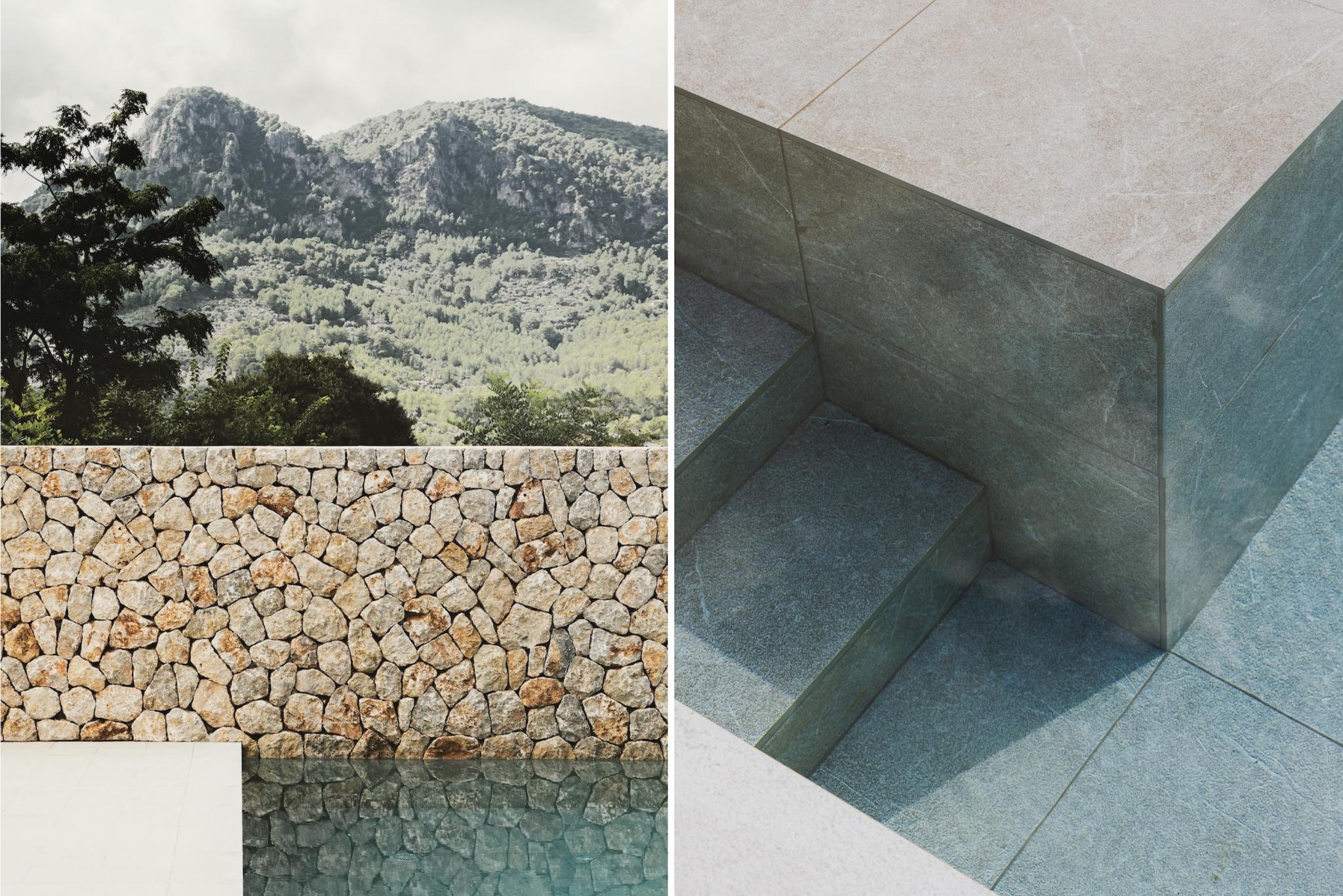 Can Gaspar, Balearic Islands, Spain — Forested mountain vista above stone wall detail and geometric concrete basin with teal water reflection.