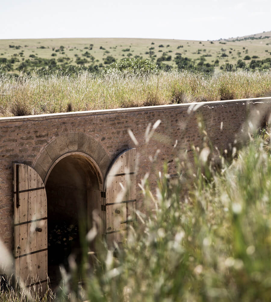 Arijiju Retreat, Africa — Arched brick gatehouse with wooden doors overlooking savanna grassland and acacia trees under soft daylight.