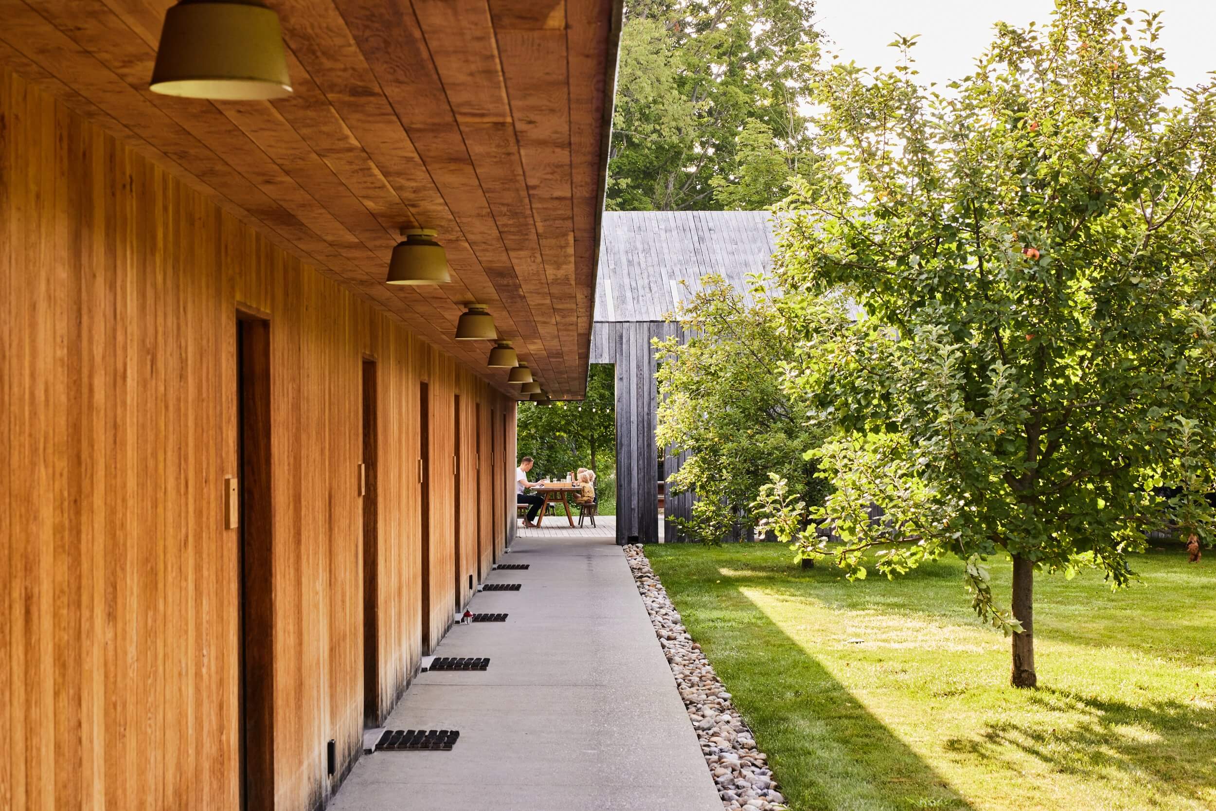 Tourists, North America — Wood-clad corridor with pendant lighting, concrete flooring, and views onto manicured grounds and modern architecture.