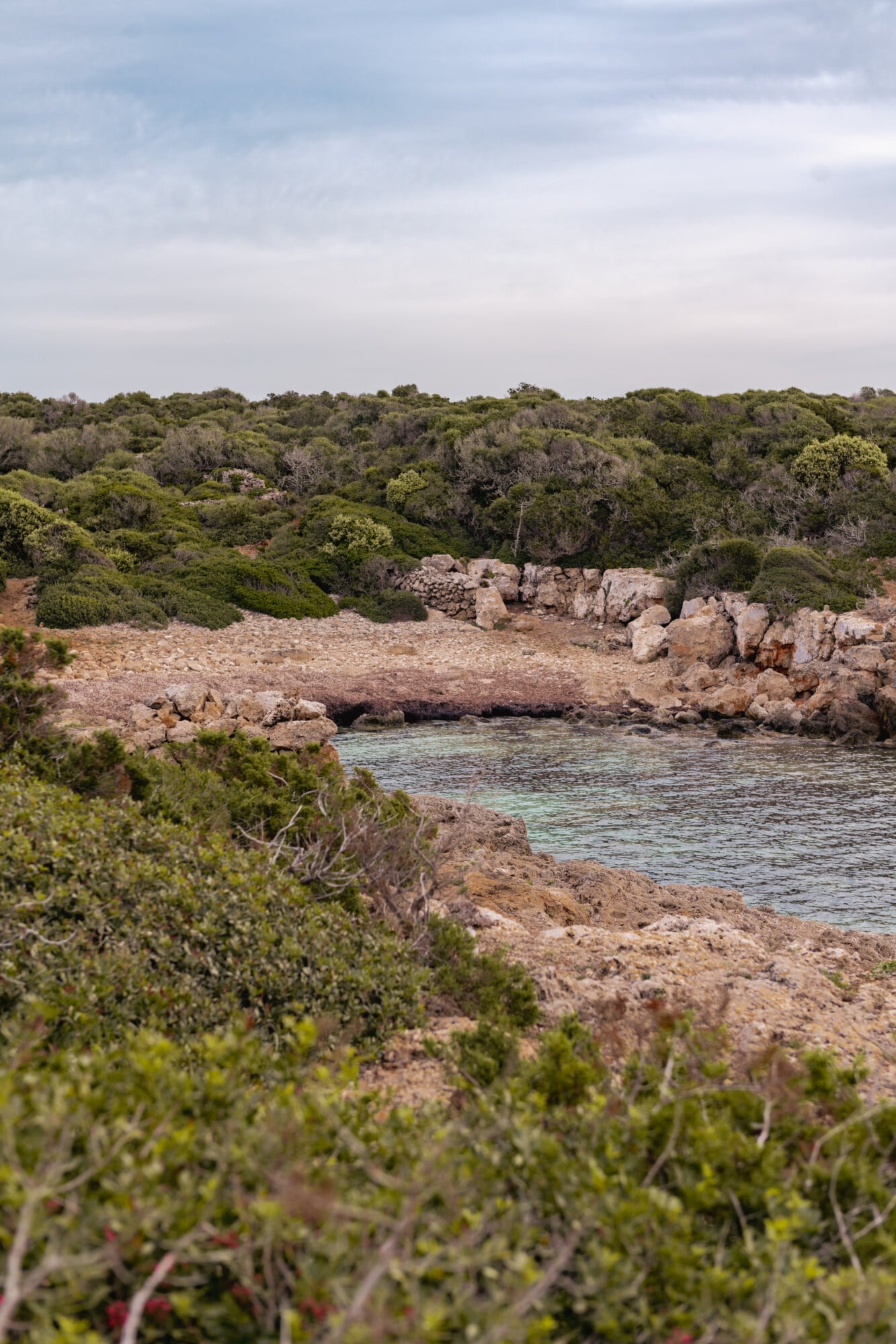 Cala Son Vell, Balearic Islands, Spain — rocky Mediterranean cove with turquoise water, limestone cliffs, and native coastal vegetation under overcast sky.