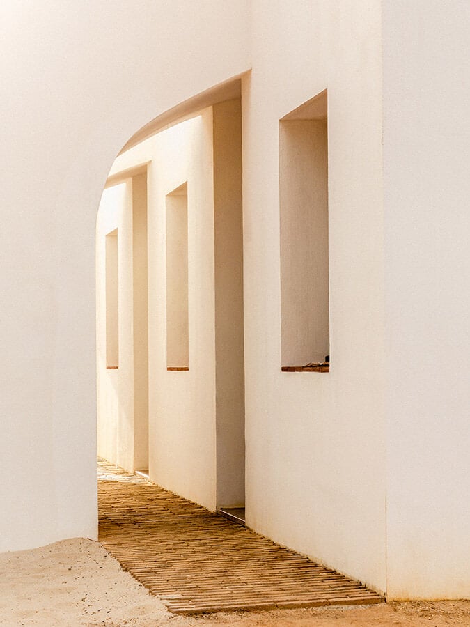 Architectural photo of exterior hallway at Casa Modesta. Captured by Ash James