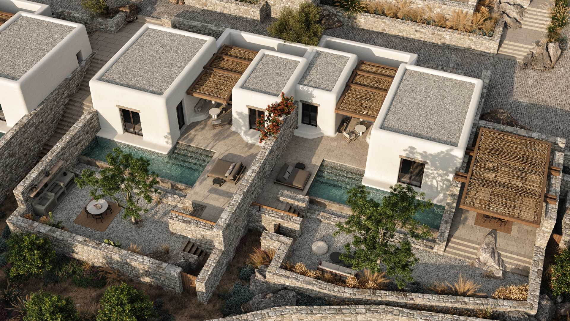 Kalesma, Europe — Whitewashed courtyard villas with flat roofs, stone walls, wooden shutters, turquoise plunge pools, and terraced gardens with Mediterranean plantings.