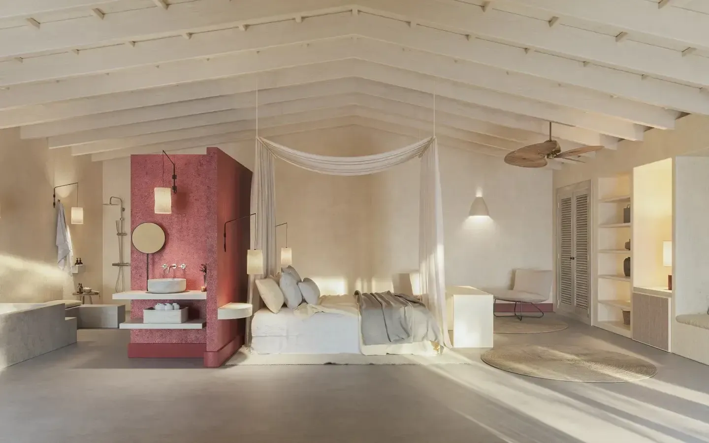 Amagatay, Balearic Islands — Minimalist bedroom suite with exposed beam ceiling, burgundy tile accent wall, canopy bed, and natural light through skylights.