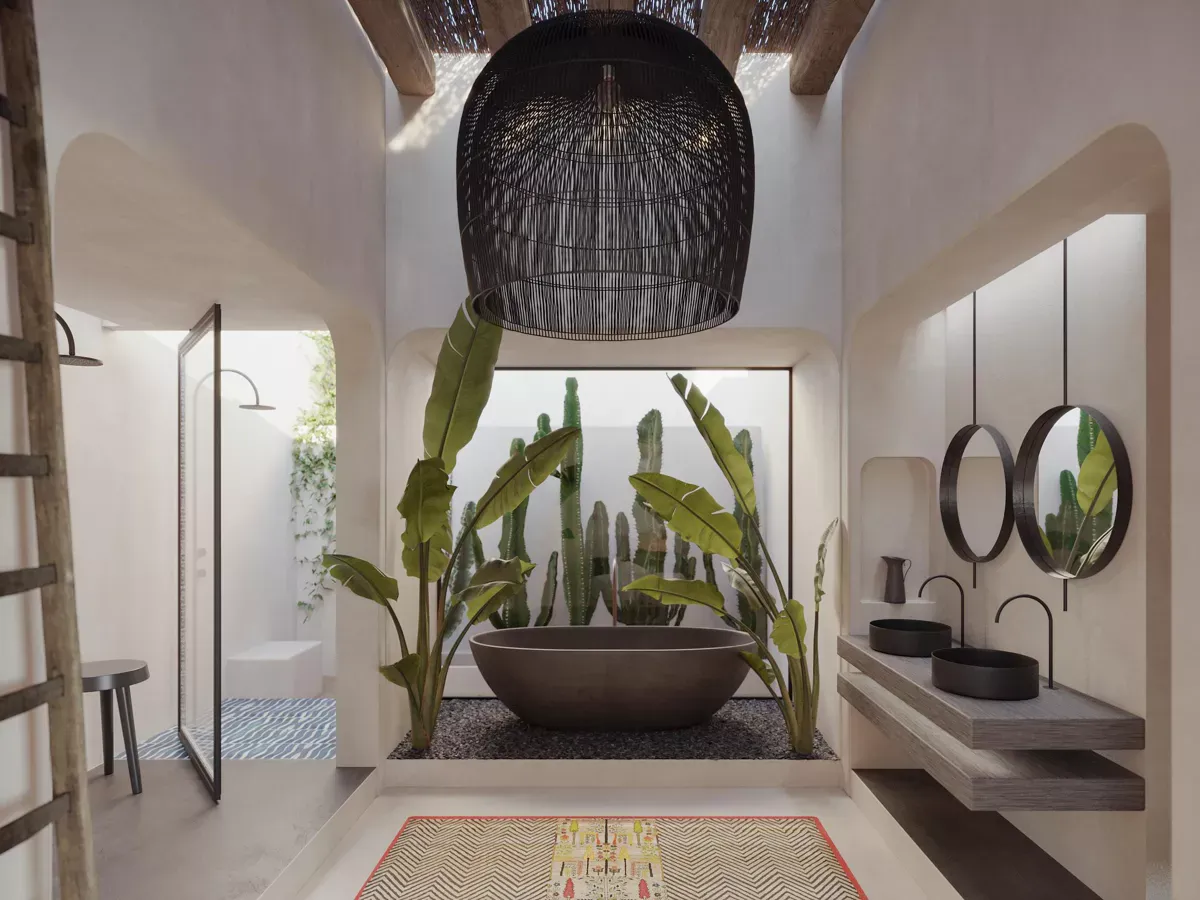 NUMA Comporta, Portugal — Minimalist bathroom with white arched walls, black woven pendant light, potted cacti, terracotta bathtub, and geometric patterned floor runner.