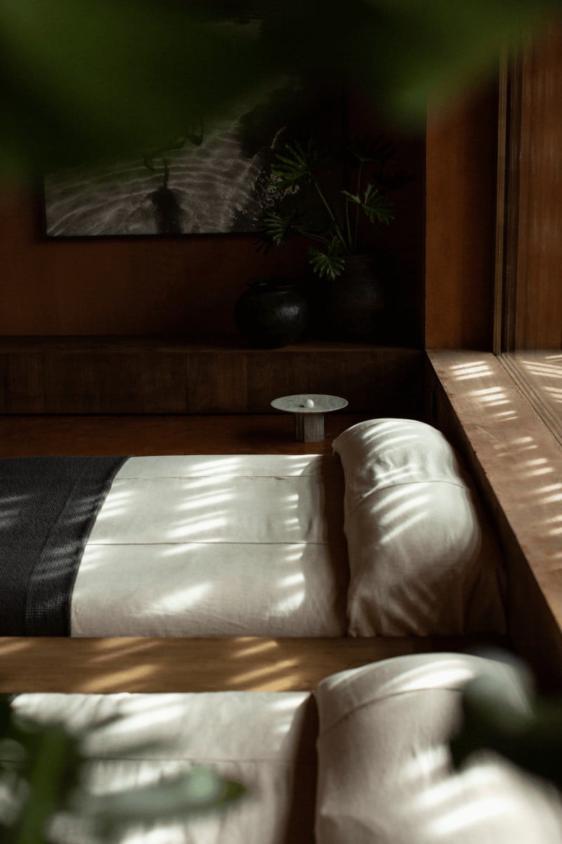 Further Hotel, Asia — Sunlit minimalist lounge with white linen cushions, dark wood paneling, potted plant, and architectural photography on wall.