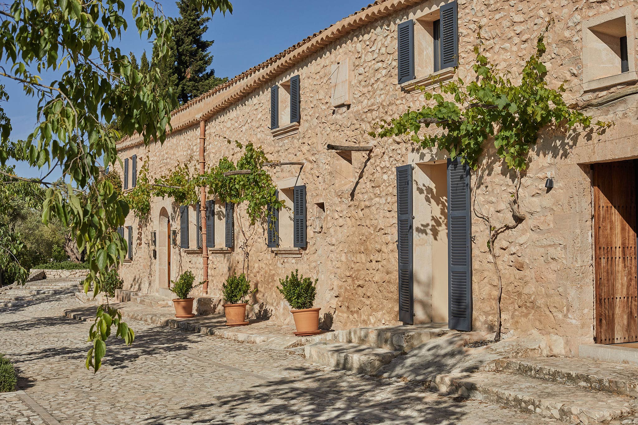 Finca Serena, Balearic Islands, Spain — Stone courtyard with terracotta planters, blue shutters, climbing vines, and dappled shadows under Mediterranean sunlight.