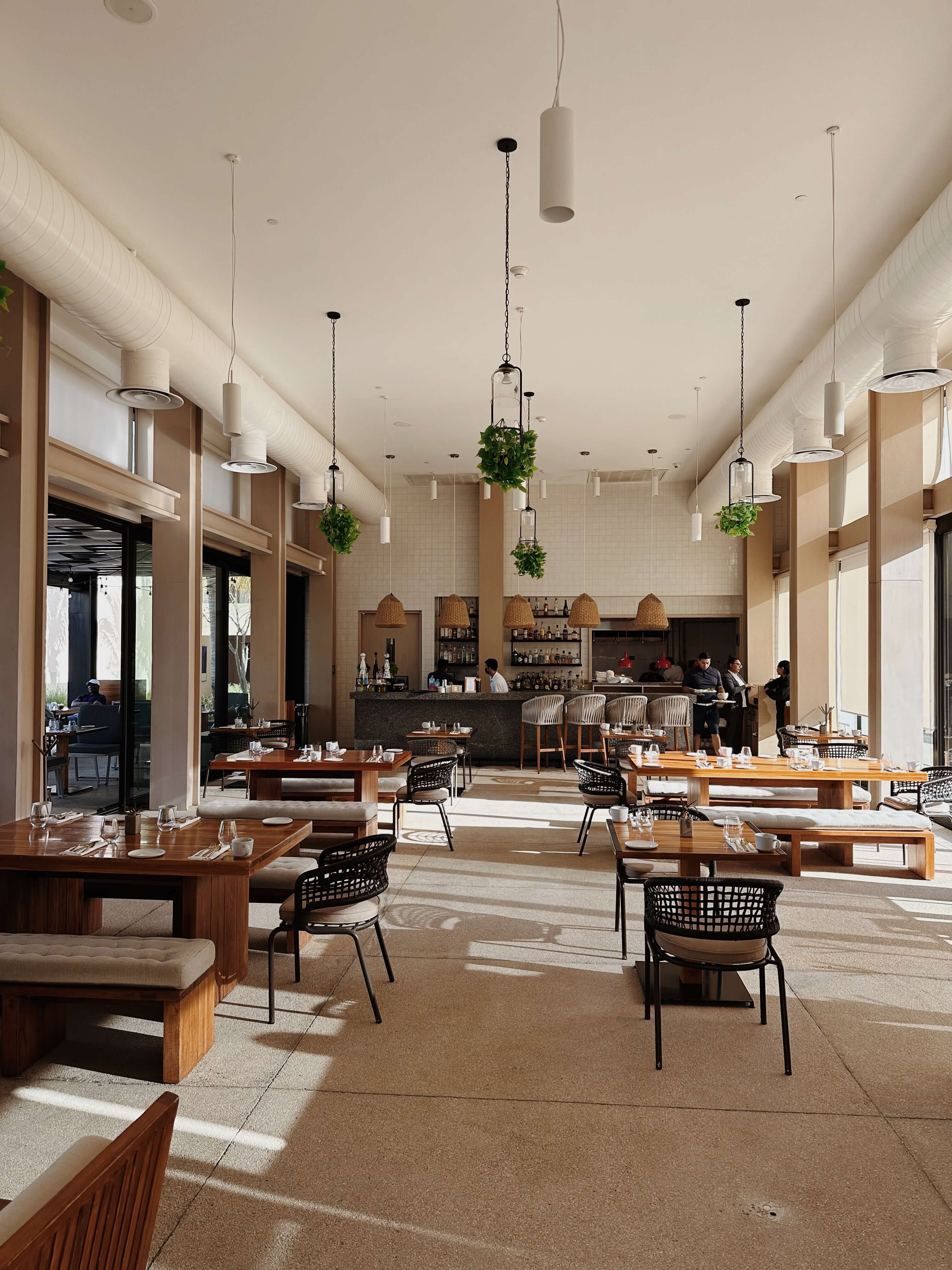 Nobu Los Cabos, Mexico — Dining room with timber tables, woven chairs, pendant greenery, and bar counter bathed in natural light.
