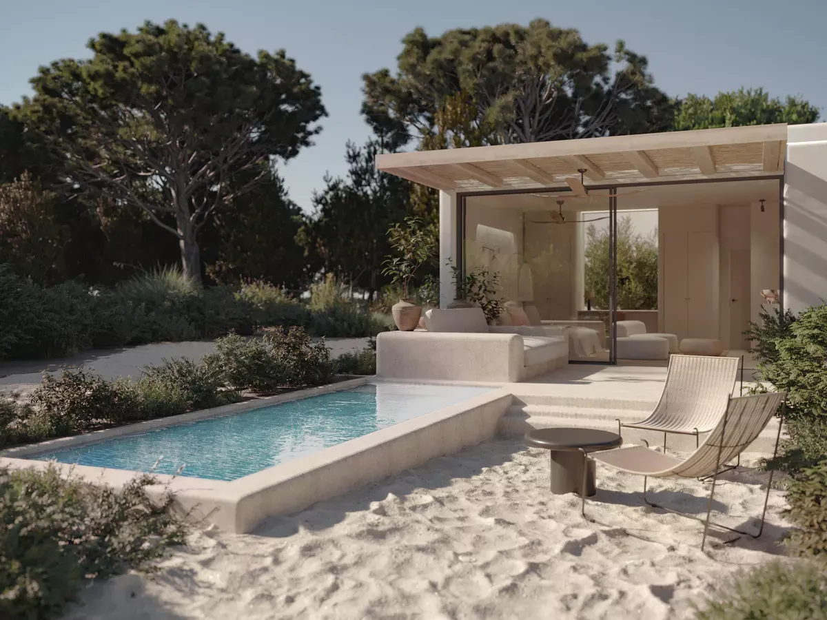 NUMA Comporta, Portugal — Minimalist poolside pavilion with sand beach, lounge chairs, turquoise water, and native trees under Mediterranean light.