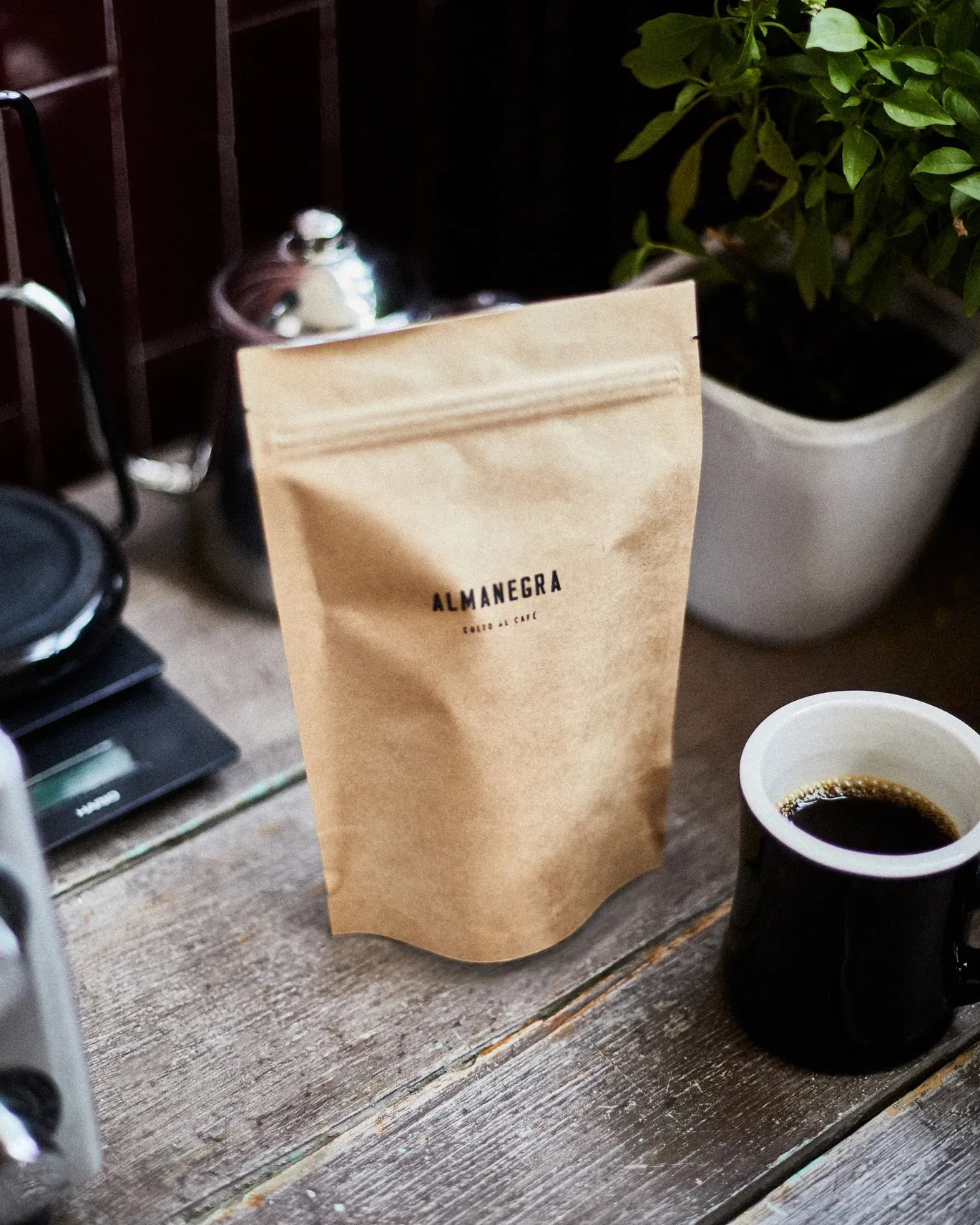 Almanegra Café, Mexico — kraft coffee pouch and dark espresso cup on wooden table with potted herbs and morning light, specialty café aesthetic.