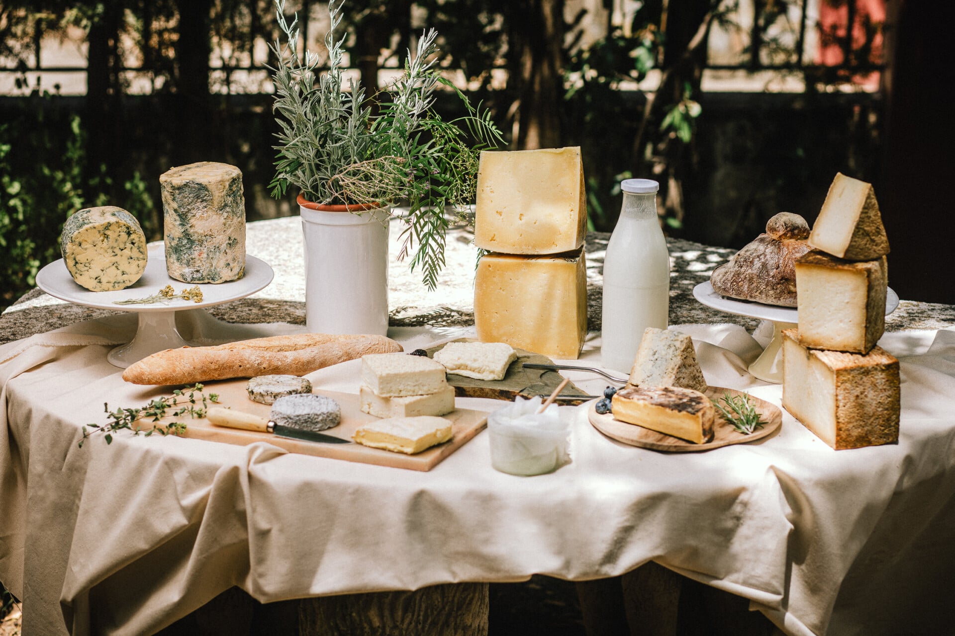 Casa Orzáez, Europe — Artisanal cheese and charcuterie spread with fresh bread, herbs, and milk on linen-draped table in sunlit garden setting.