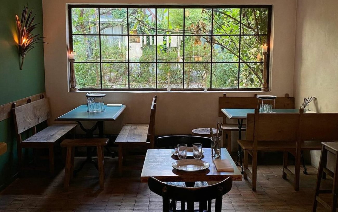 Clamato, Europe — Dining room with gridded windows overlooking lush foliage, wooden tables and benches, natural light, minimalist tableware, warm earth tones.