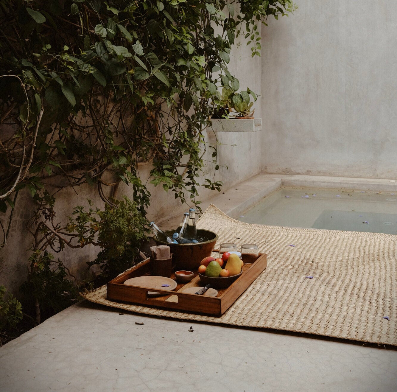 Casa Criollo, Mexico — Minimalist courtyard with woven mat, wooden tray of fresh fruit, ceramic vessels, and cascading ivy against whitewashed walls.