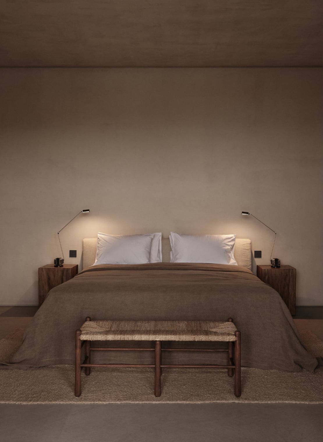 En Kyanó, Europe — Minimalist bedroom with wooden nightstands, pendant lights, white pillows, linen bedcover, woven bench, neutral walls, warm ambient lighting.