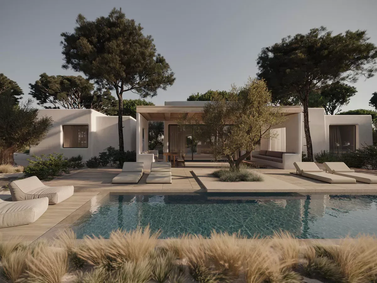 NUMA Comporta, Portugal — Modernist whitewashed pavilions with glazed facades, teak decking, swimming pool, loungers, and pine trees in Mediterranean landscape at golden hour.