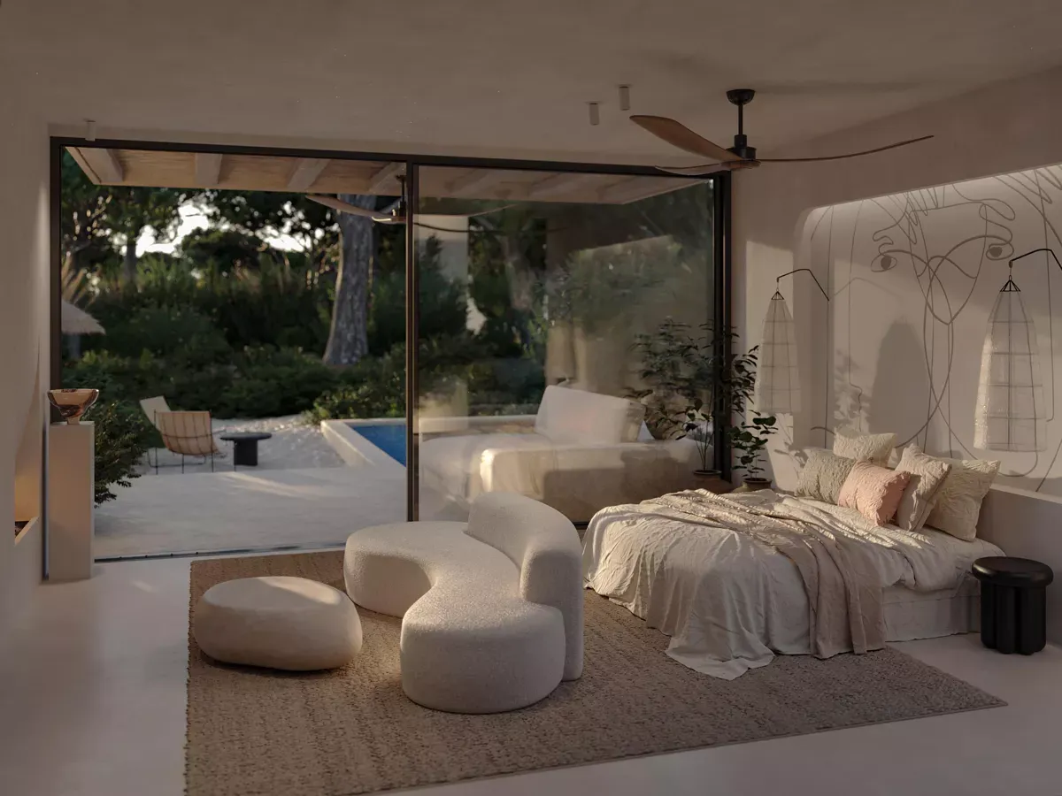 NUMA Comporta, Portugal — Minimalist bedroom with curved cream furniture, natural linen bedding, floor-to-ceiling glazing opening to pool and gardens, warm afternoon light.