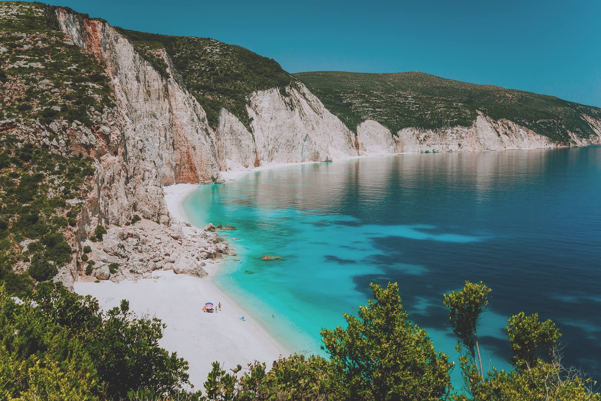 F Zeen Retreat, Europe — Turquoise Adriatic cove with white sand beach, dramatic limestone cliffs, clear waters, and Mediterranean vegetation under blue sky.