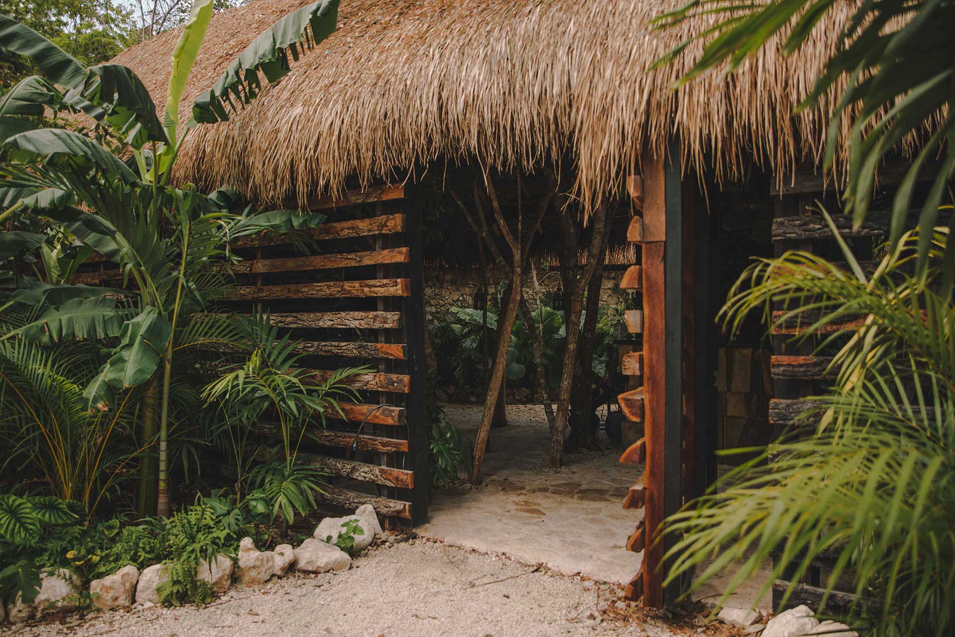 Bardo, Mexico — Thatched-roof bungalow with weathered timber slats and tropical plants, sand pathway, warm natural light filtering through woven palm fronds.