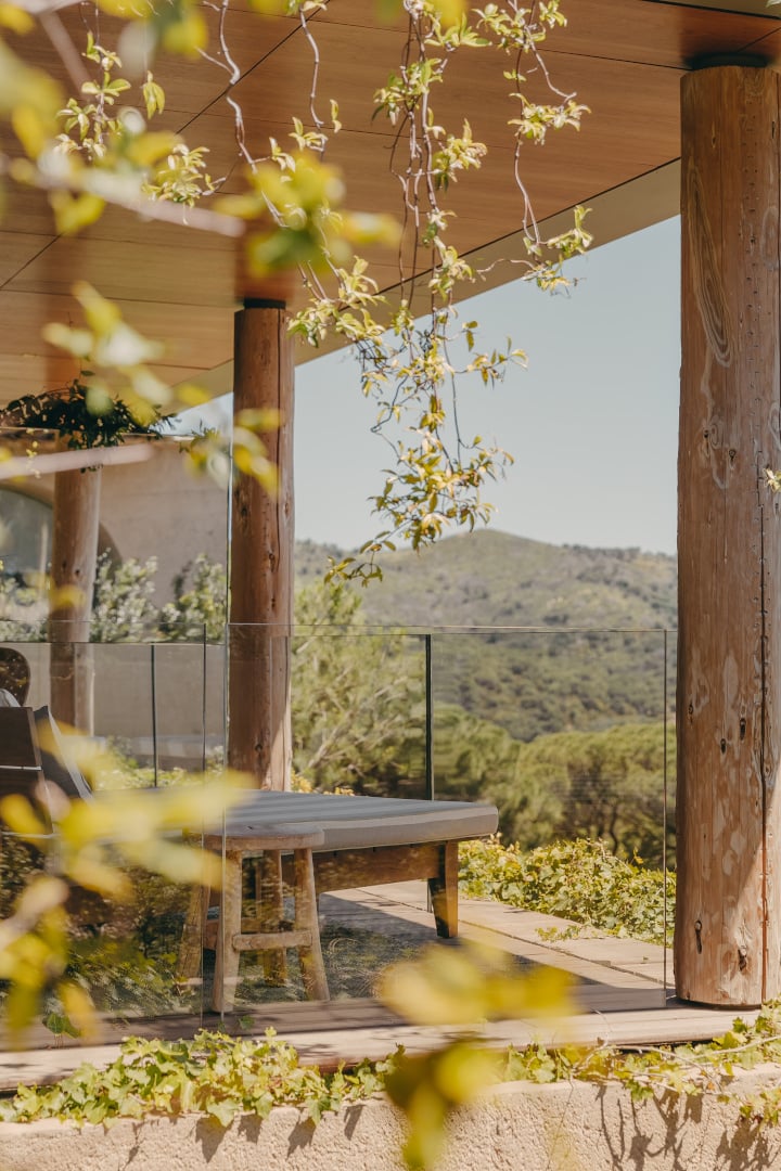 Lily of the Valley, Europe — Wooden pavilion with hanging vines overlooking forested hillside, minimalist bench, glass railing, warm natural light.
