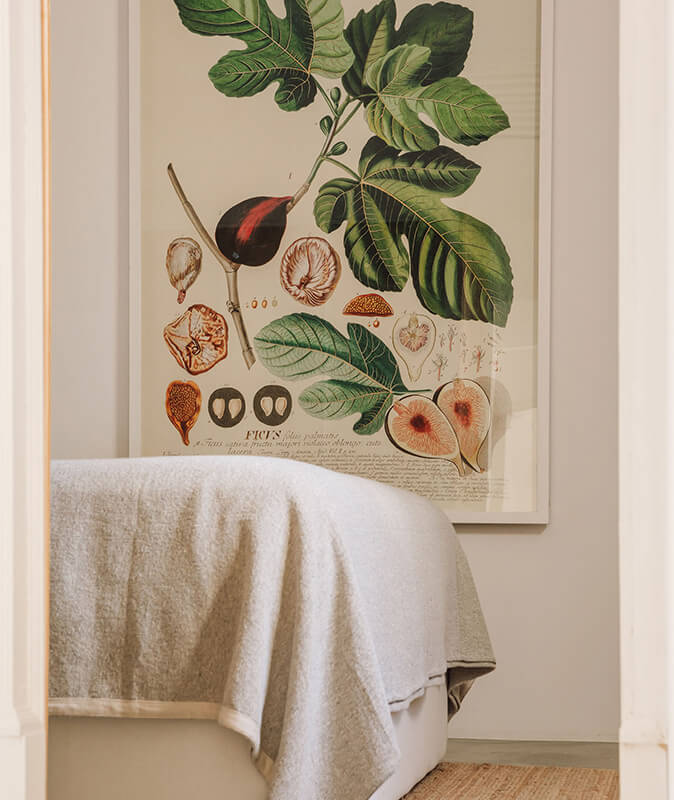 Hospedaria, Europe — Cream linen towel draped over basin with botanical illustration of figs and foliage mounted on pale wall above.