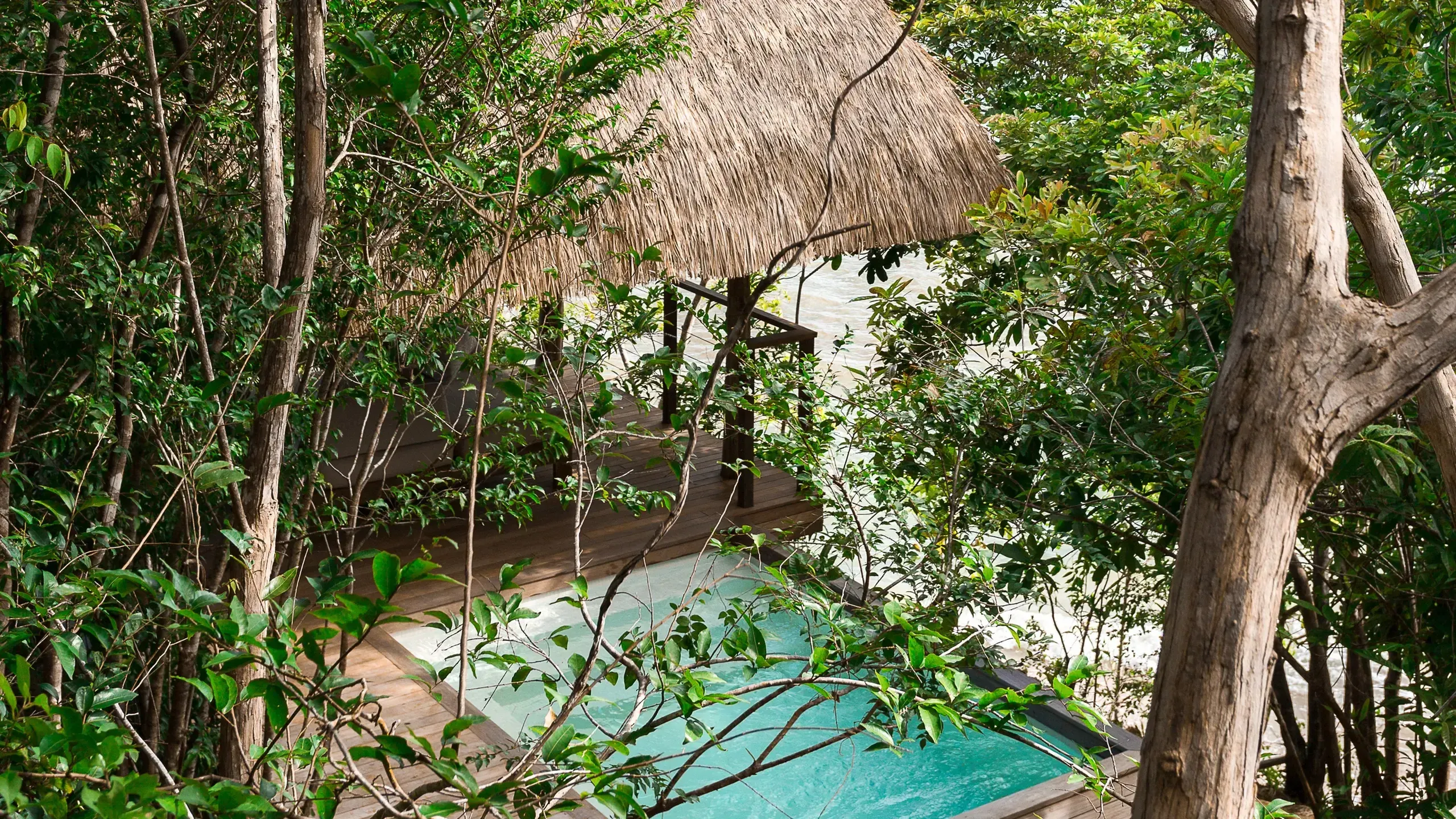 Islas Secas — Thatch-roofed pavilion nestled in mangrove forest overlooking turquoise lagoon with wooden boardwalk and native vegetation.