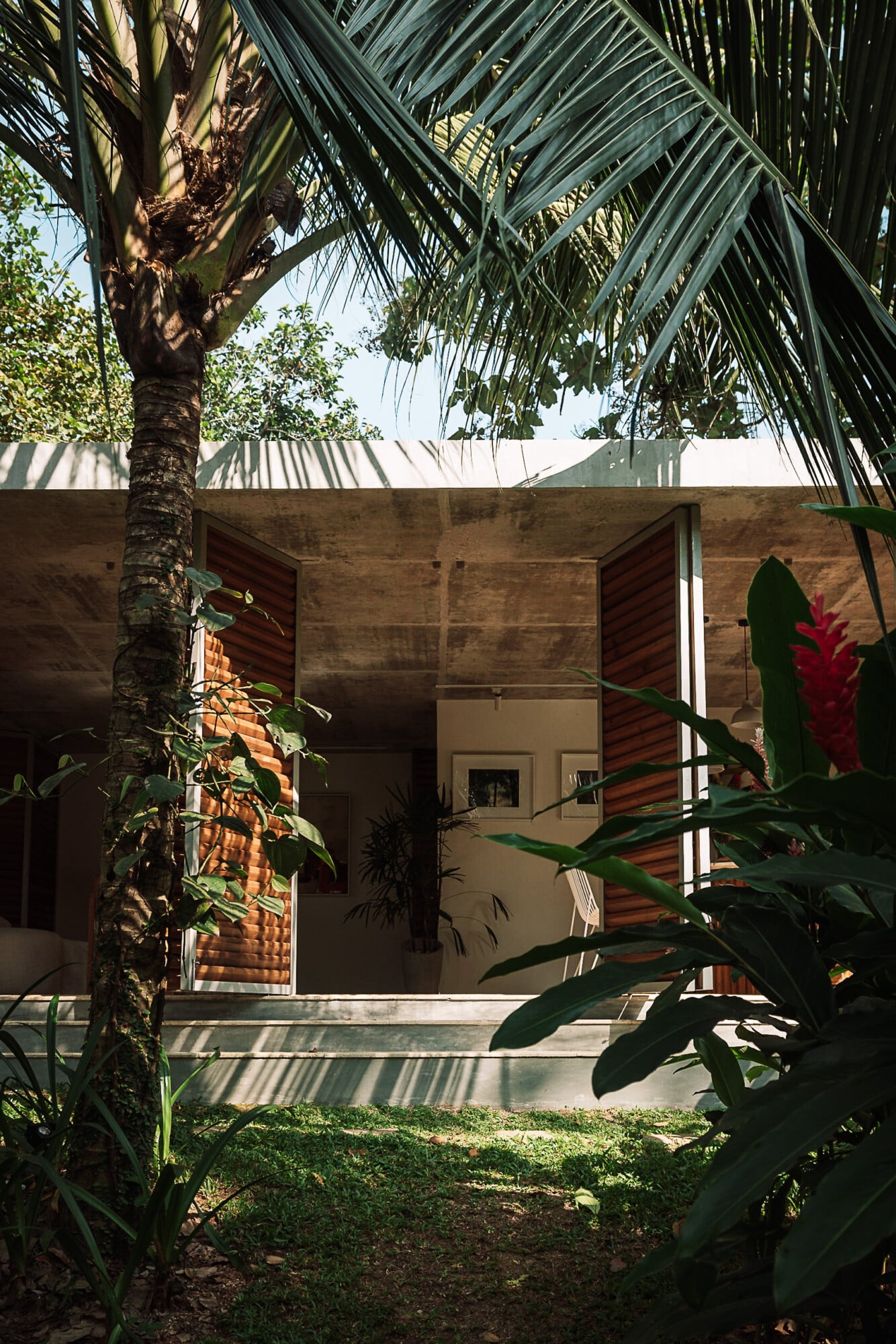 Kurulu Bay, Asia — Modern concrete bungalow with wooden shutters nestled beneath palm fronds, featuring clean minimalist architecture and tropical garden setting.