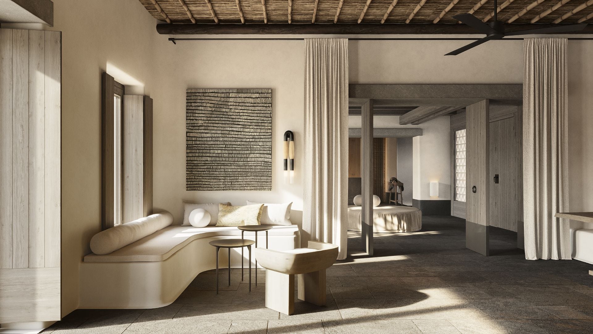 Kalesma, Europe — Minimalist luxury suite with curved cream seating, textured wall art, timber ceiling beams, flowing linen curtains, and warm natural light across neutral palette.