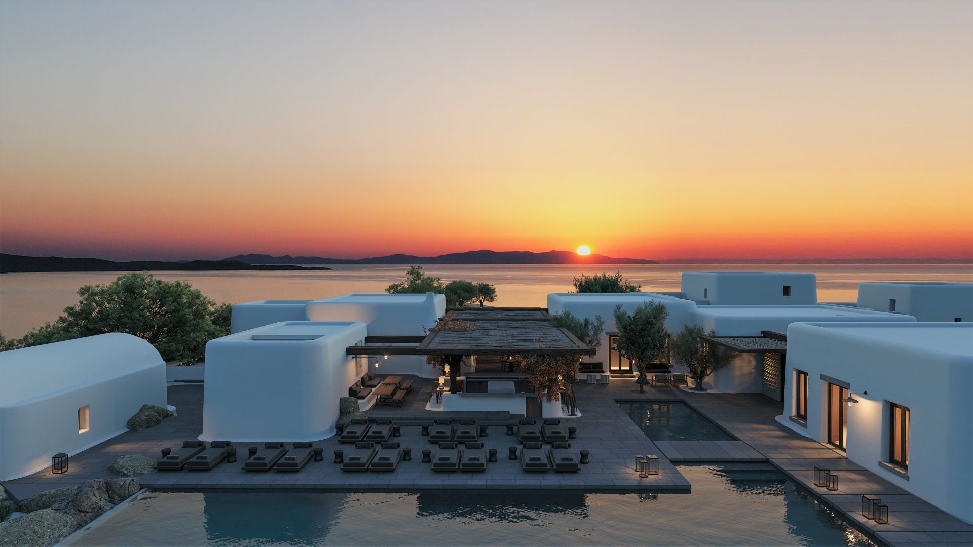 Kalesma, Europe — Sunset over whitewashed Mediterranean villas with curved architecture, infinity pools, and minimalist loungers overlooking calm sea at dusk.
