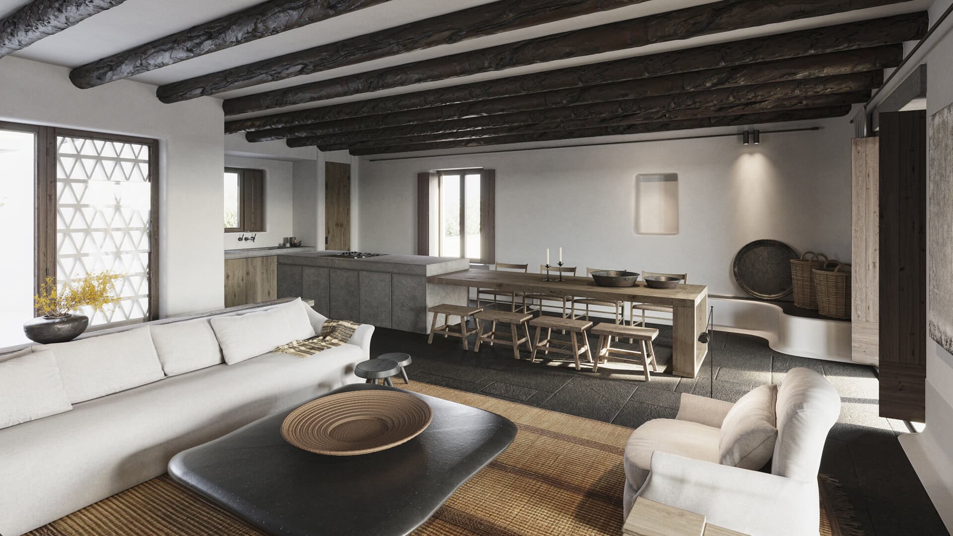 Kalesma, Europe — Open-plan villa interior with exposed dark beams, cream seating, timber dining table, charcoal kitchen island, natural light, rustic-modern design.
