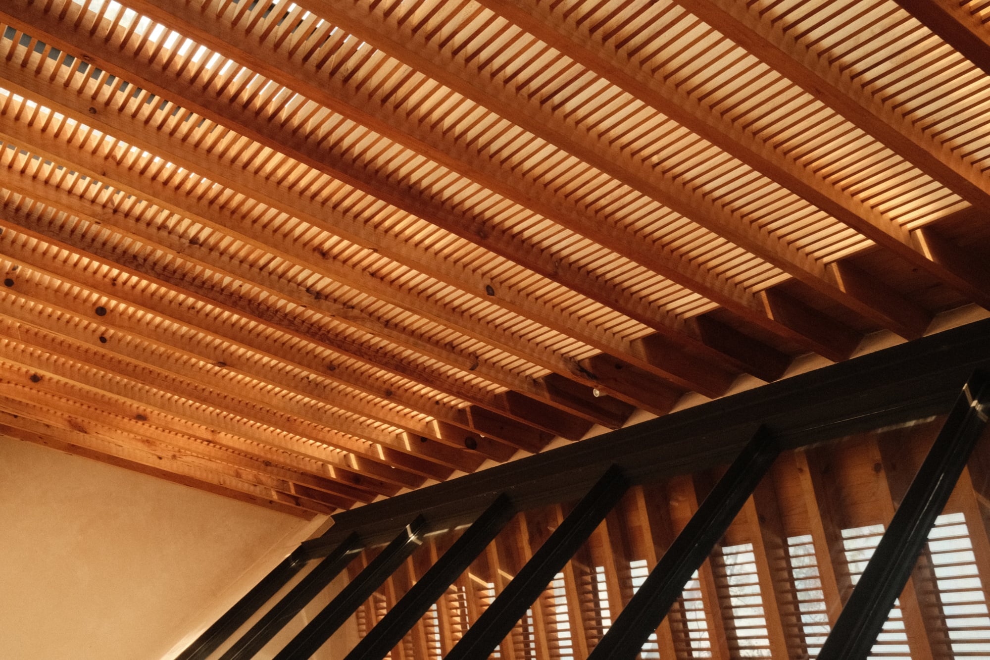 Casa Zarzales, Mexico — Wooden beam ceiling with natural light filtering through slatted panels, creating geometric shadows in luxury modern architecture.