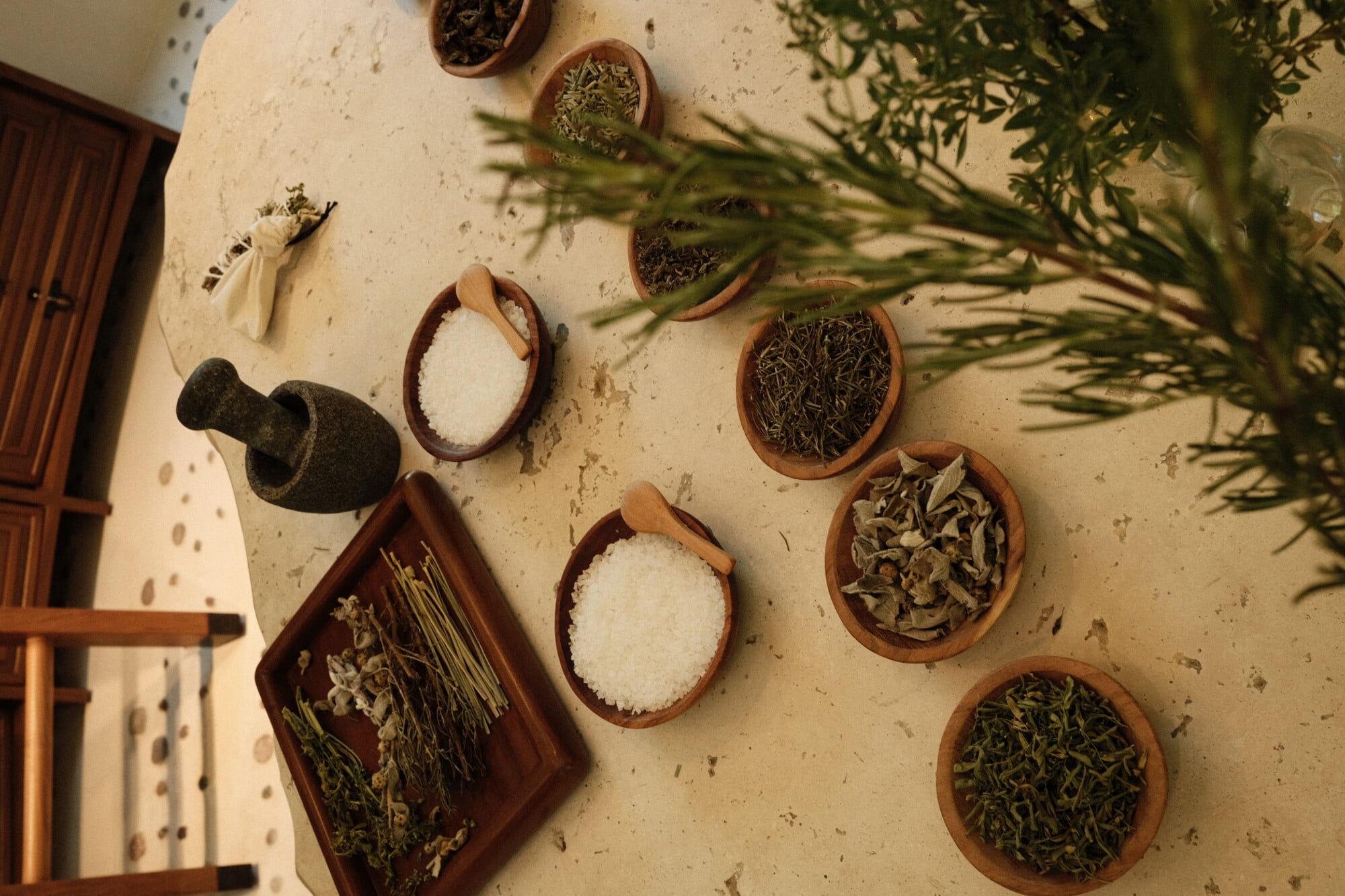 Apothecary Workshop, Mexico — Dried herbs and tea leaves in terracotta bowls arranged on textured wall with mortar and pestle, natural light casting shadows.