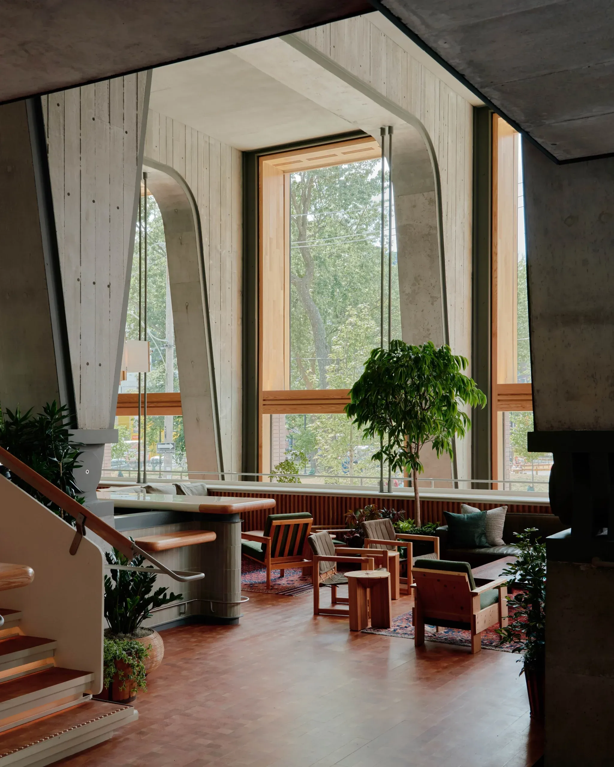 Ace Hotel Toronto, Toronto, Canada — Sunlit lounge with concrete ceilings, wooden windows, mid-century furniture, potted plants, and tiered seating overlooking verdant treetops.