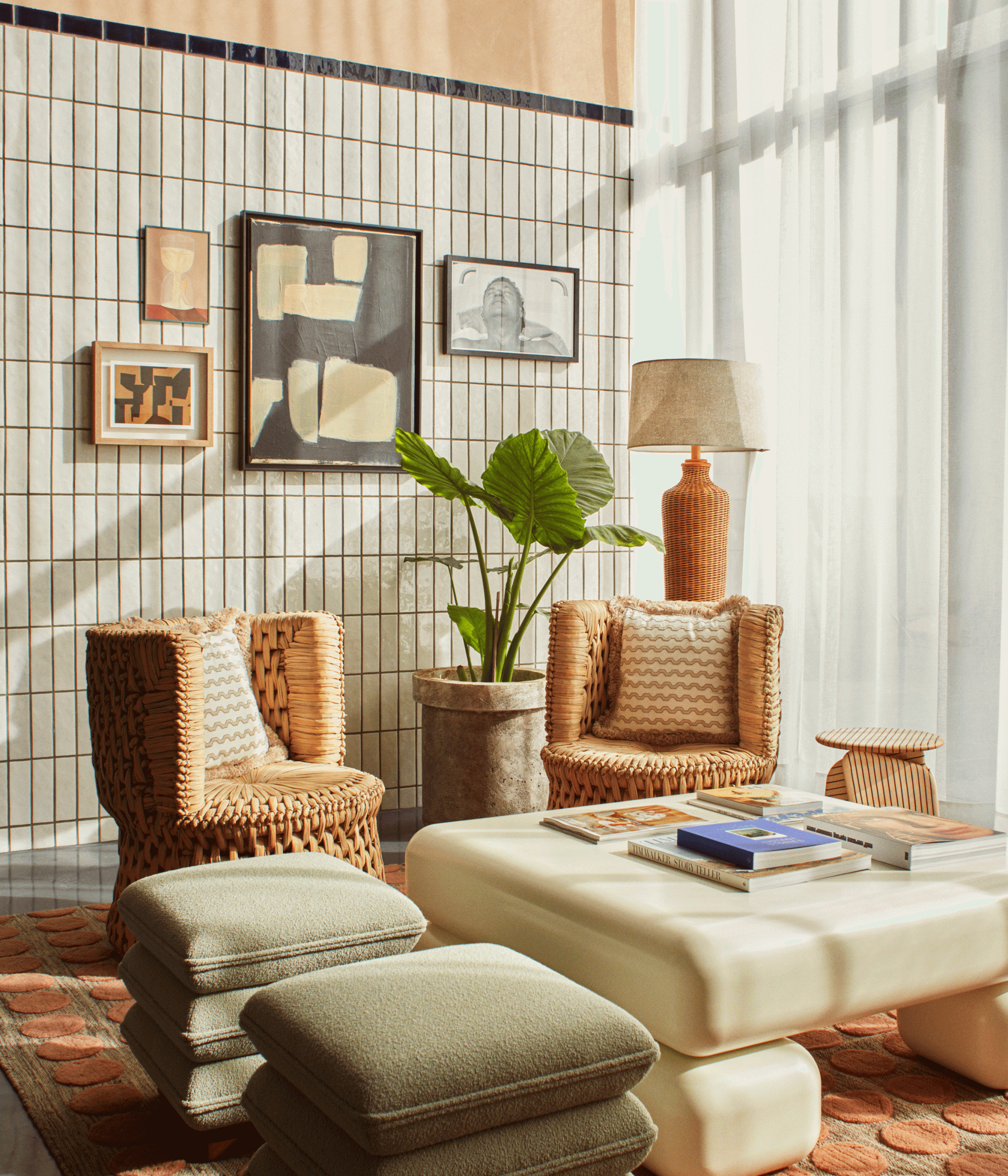 The Hoxton Poblenou — Hoxton Poblenou, Barcelona, Spain — Woven rattan chairs and cream linen seating beneath grid-patterned wall with abstract artwork, natural light, terracotta accents.