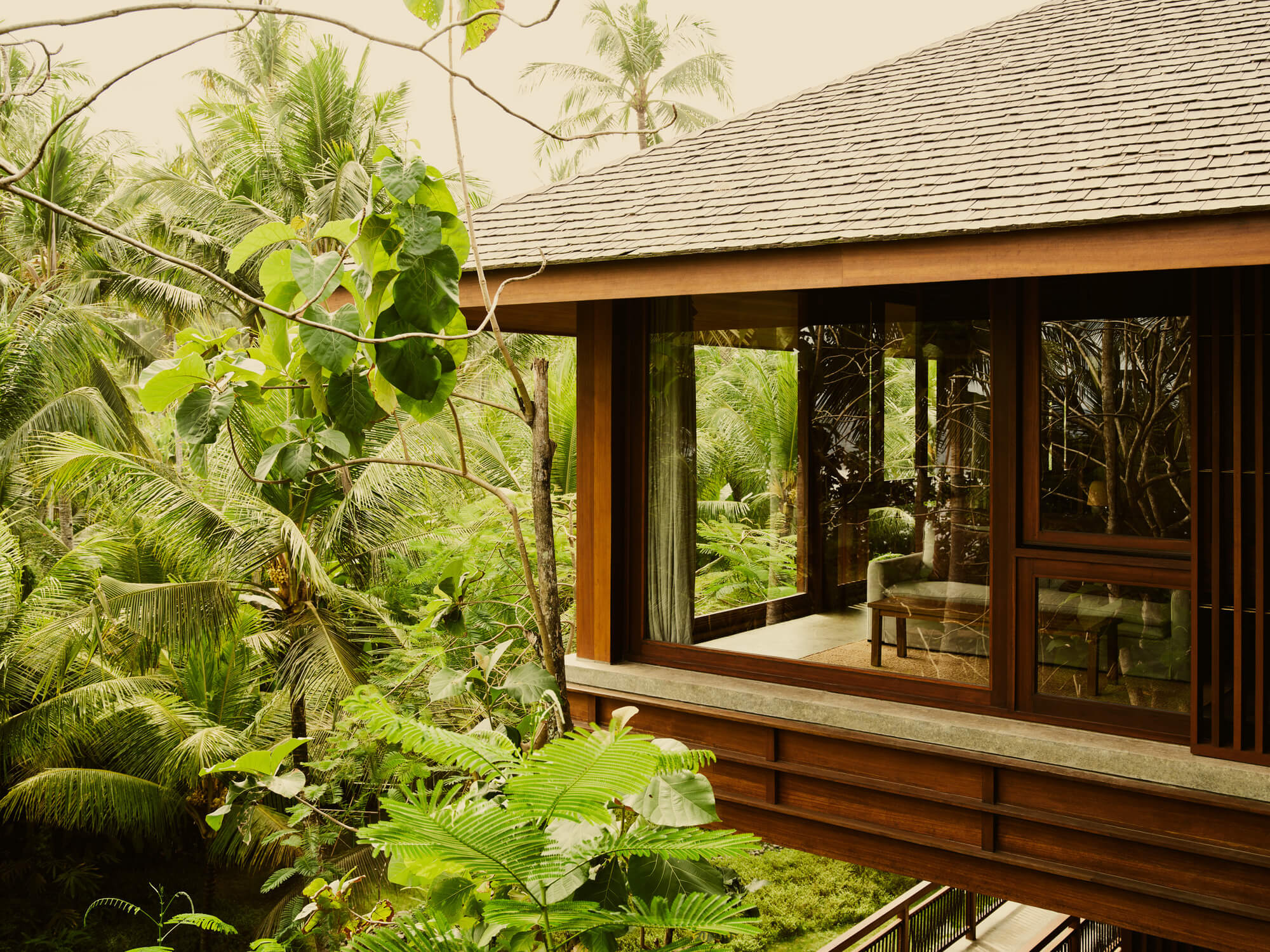 Lost Lindenberg, Asia — Modern teak pavilion with floor-to-ceiling windows overlooking lush tropical garden, minimalist interior design, natural light filtering through dense vegetation.