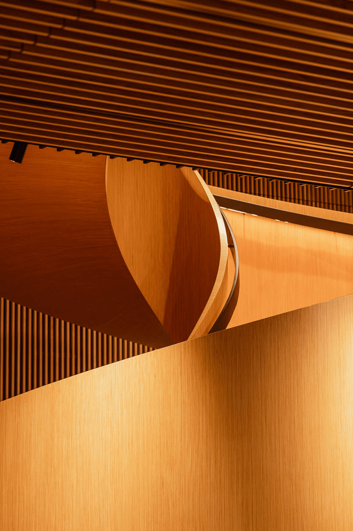 Nobu Warsaw, Poland — Curved wooden architectural detail with warm amber light and linear ceiling slats creating geometric shadow play.