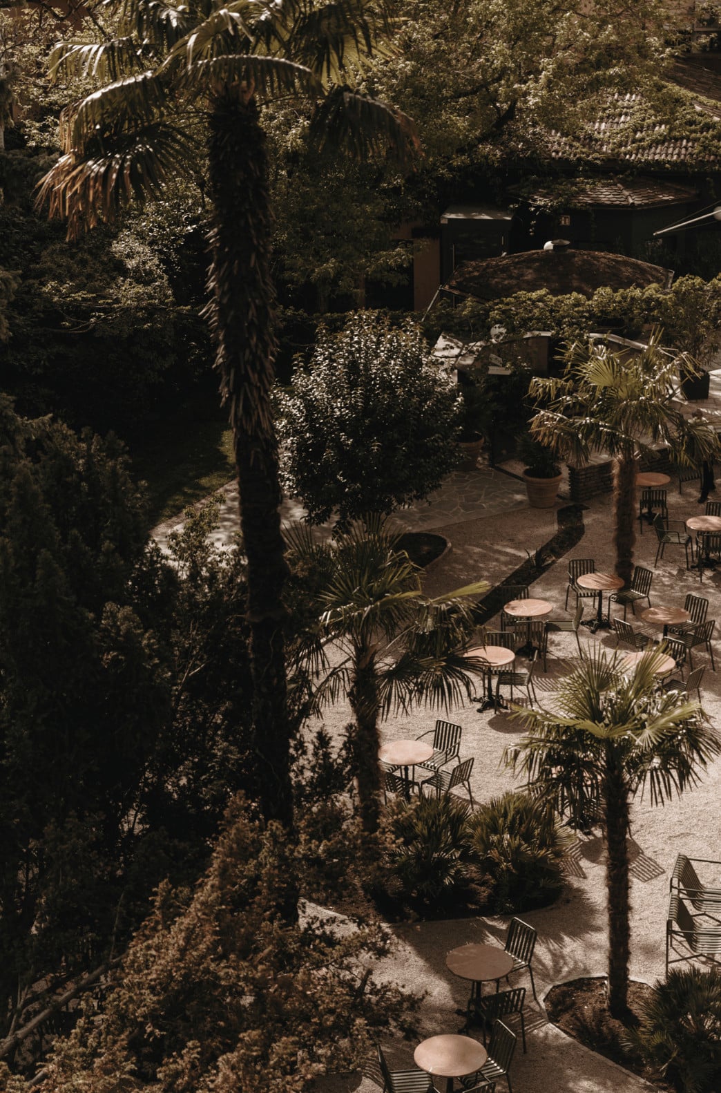 Parkhotel Mondschein, Europe — Sunlit courtyard with palm trees, ivy-covered walls, scattered seating, and Mediterranean architecture casting dappled shadows.
