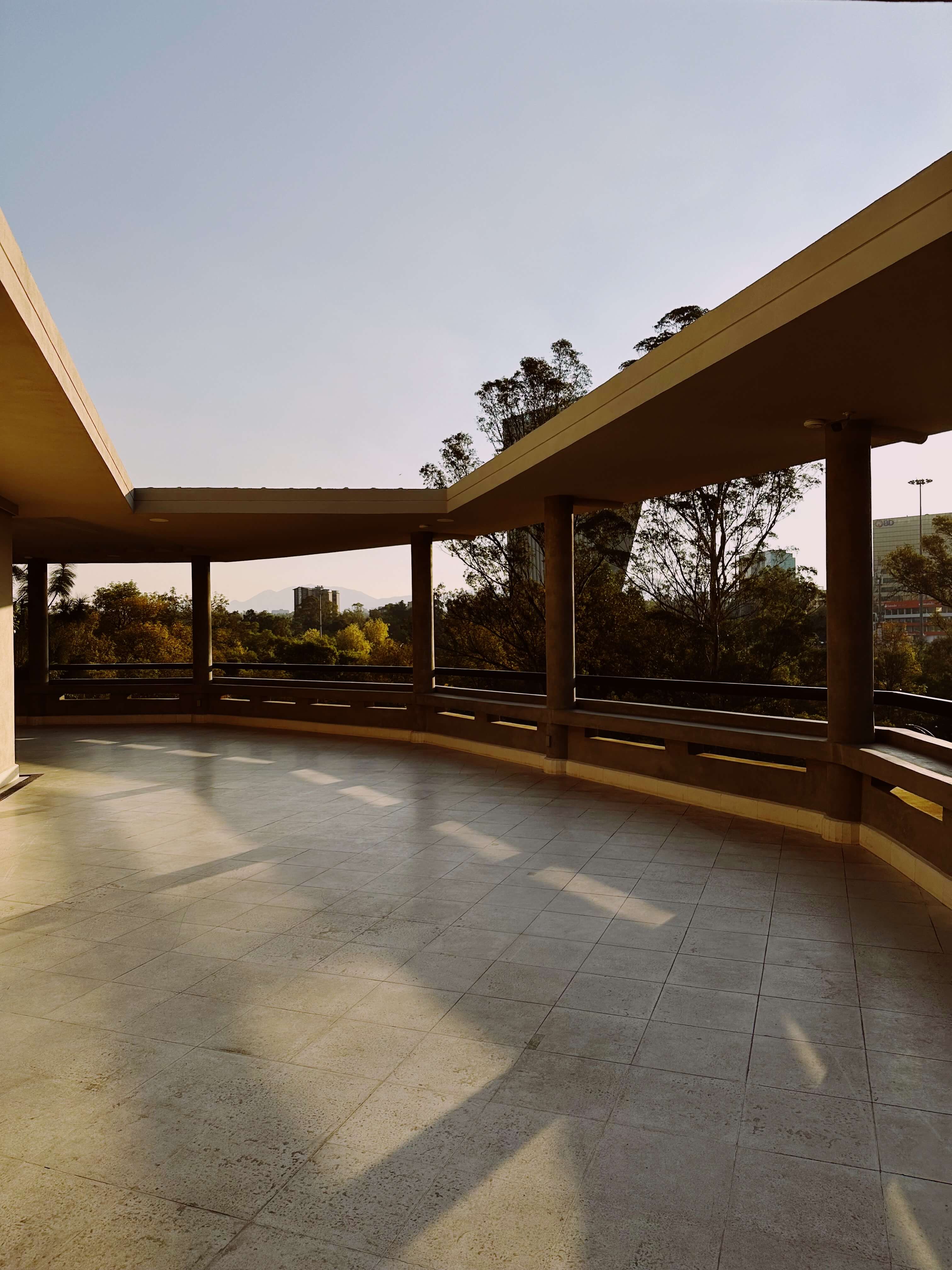 Campos Polanco, Mexico — Minimalist concrete terrace with floor-to-ceiling windows, wooden screens, and views across forested hillside under clear sky.