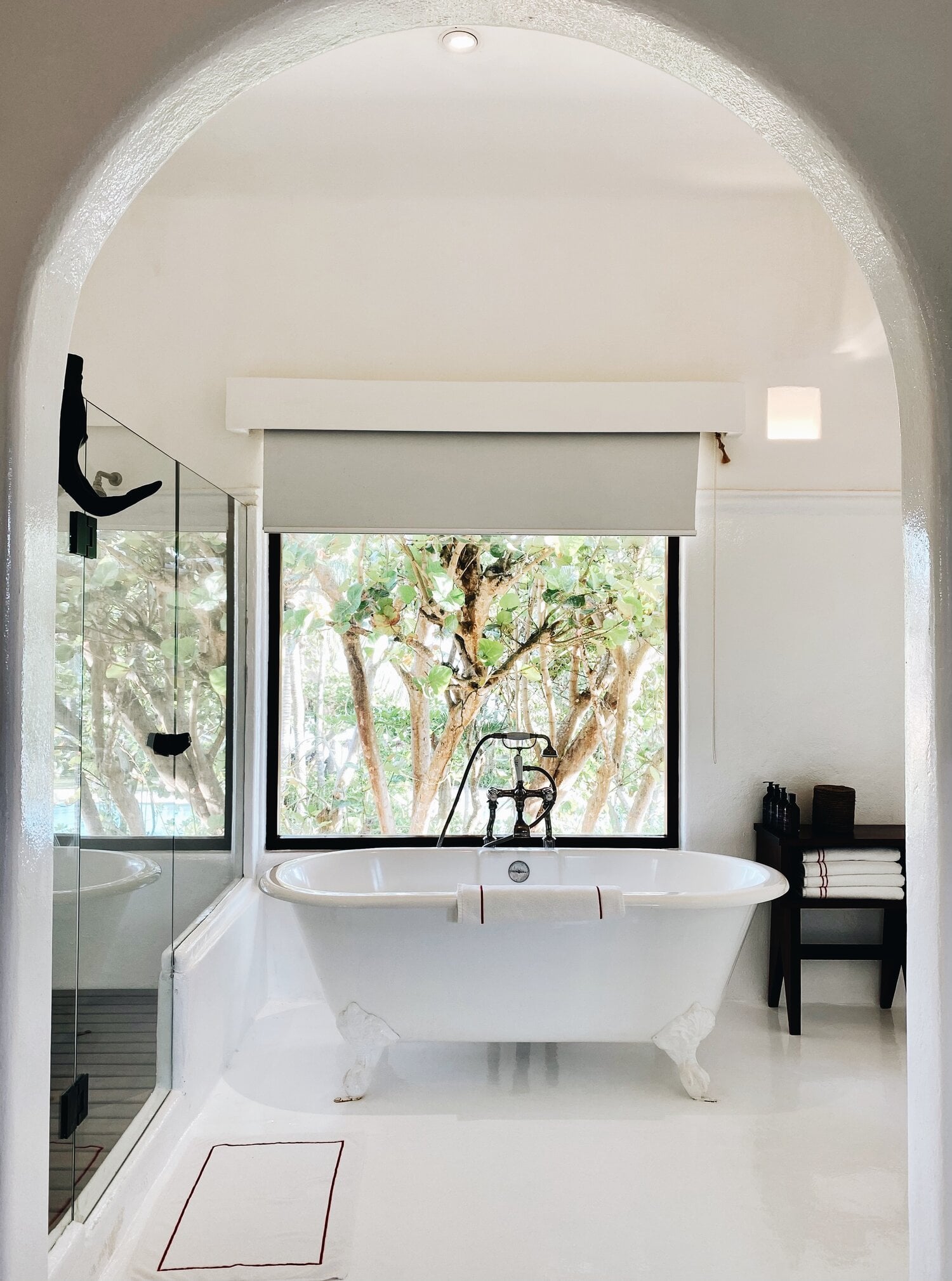 Hotel Esencia, Mexico — Arched bathroom with freestanding tub, glass shower, and framed window view of olive trees, minimalist black and white palette.