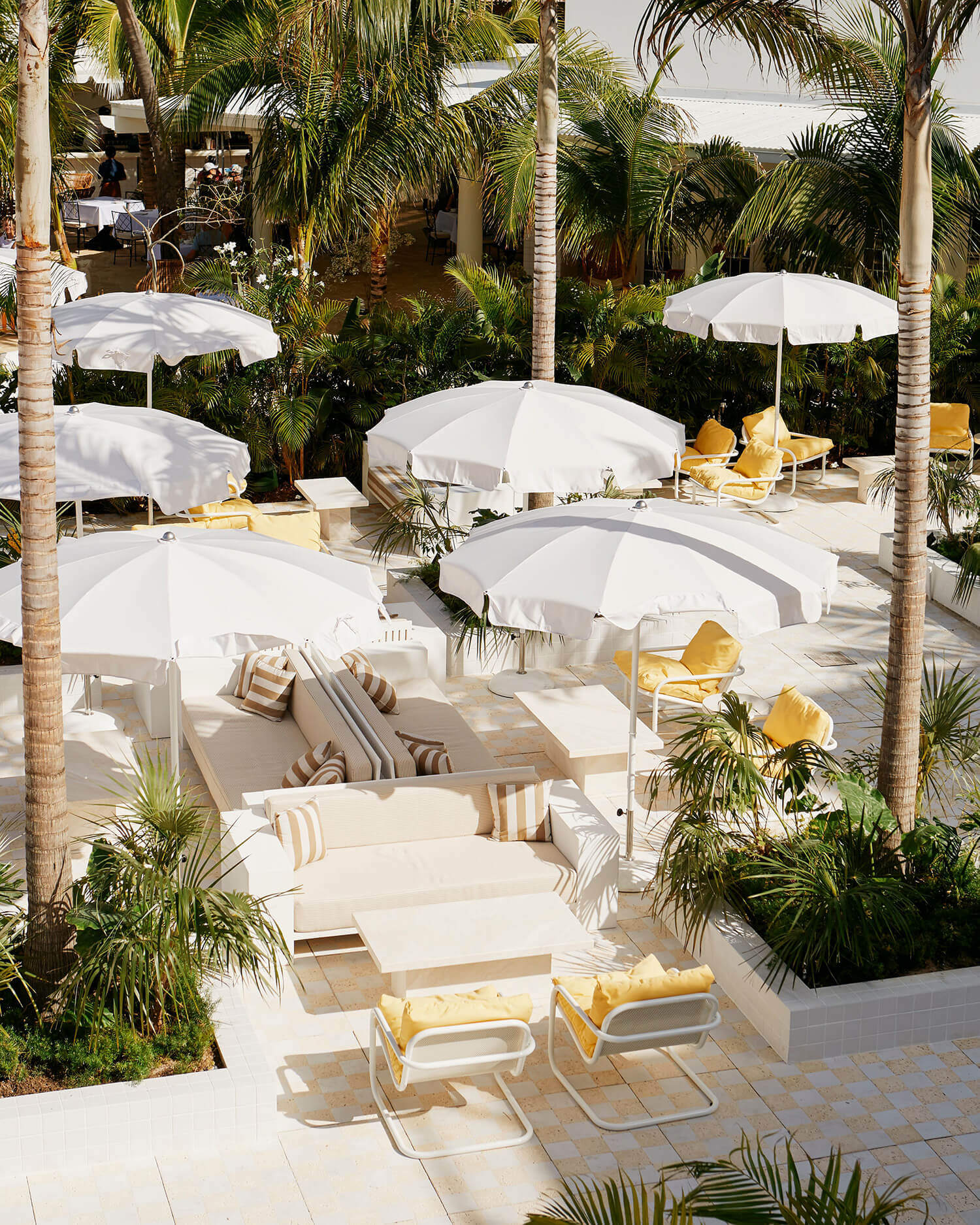 Palm Heights, North America — Sunlit poolside terrace with white umbrellas, cream loungers, yellow accent chairs, and palm trees creating a minimalist luxury resort setting.