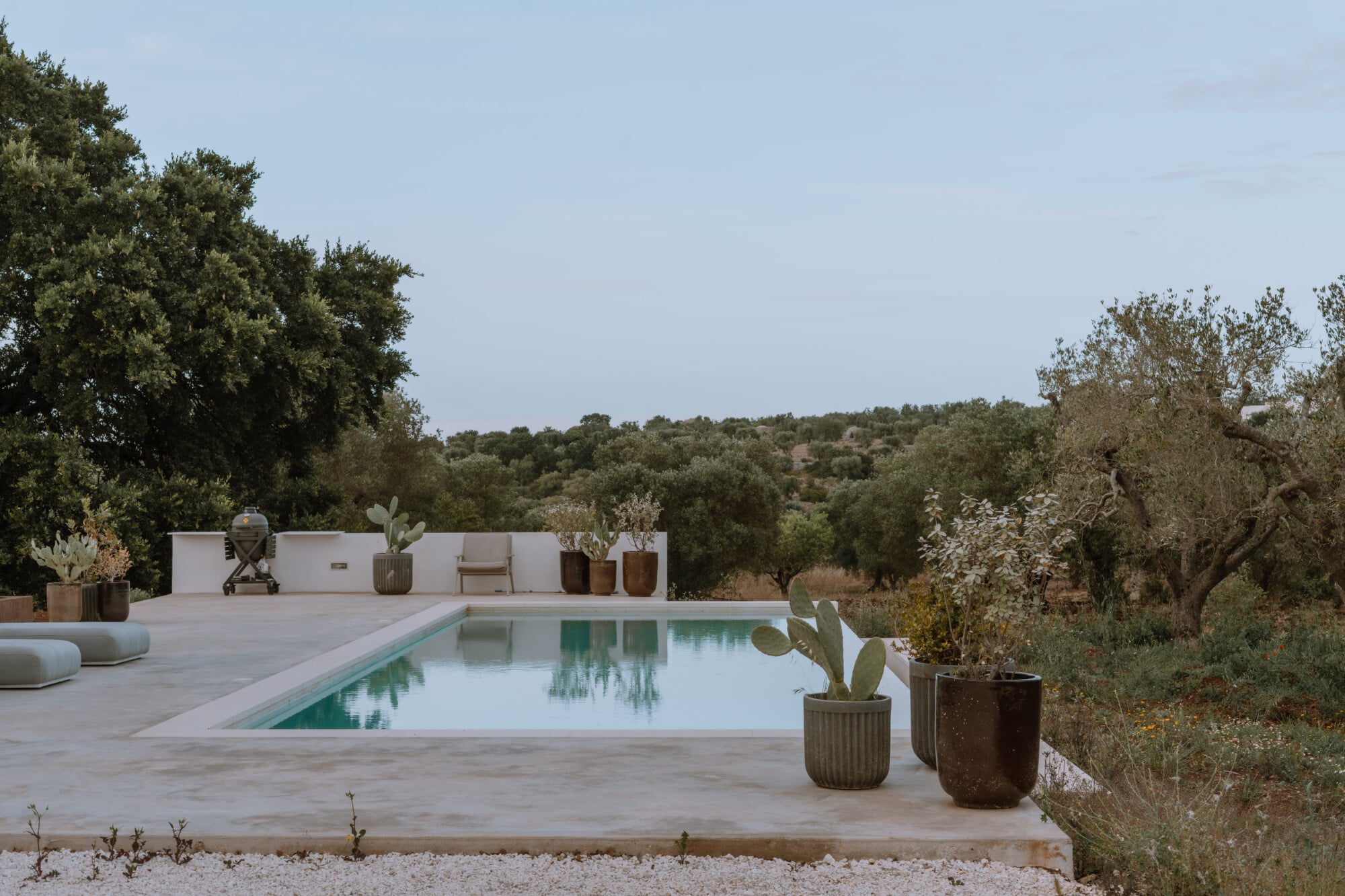 Villa Quercia, Italy — Minimalist poolside terrace with travertine paving, reflecting pool, white stucco wall, potted cacti, and rolling olive grove landscape under clear sky.