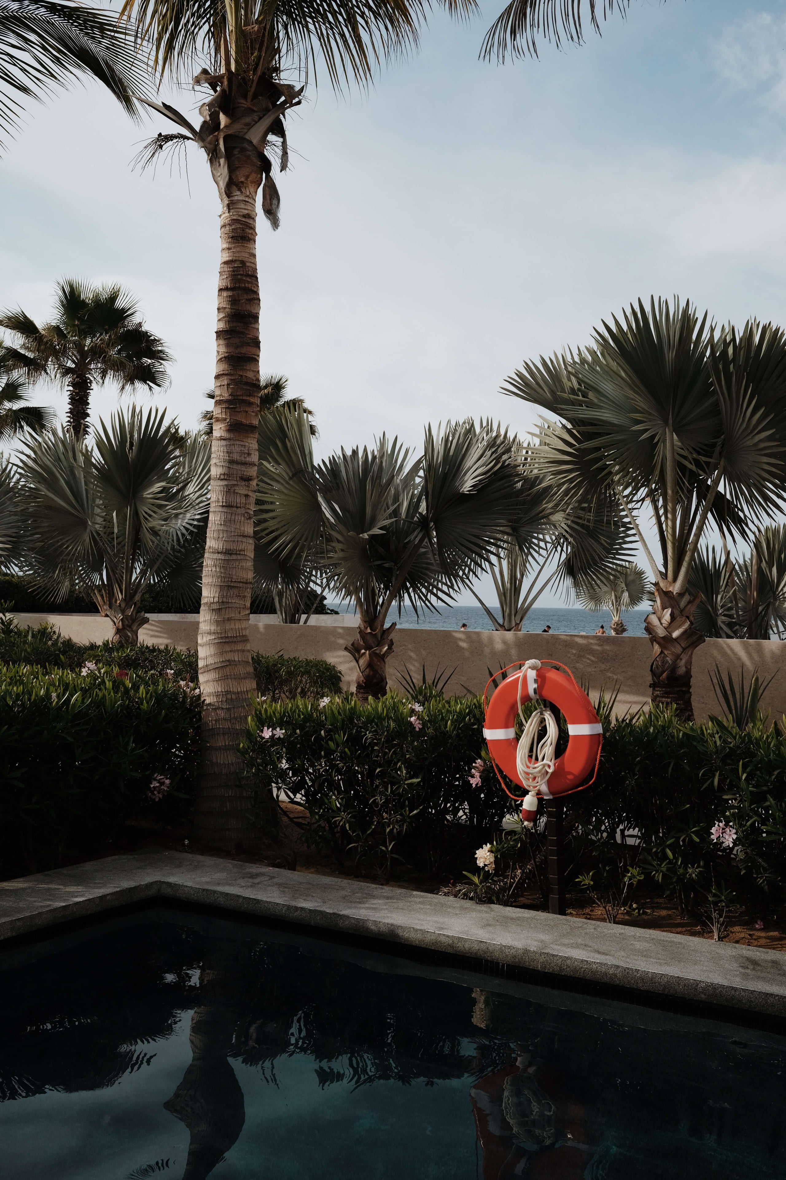 Nobu Los Cabos, Mexico — Red lifebuoy mounted on pole amid fan palms and manicured landscaping overlooking infinity pool and ocean horizon at dusk.