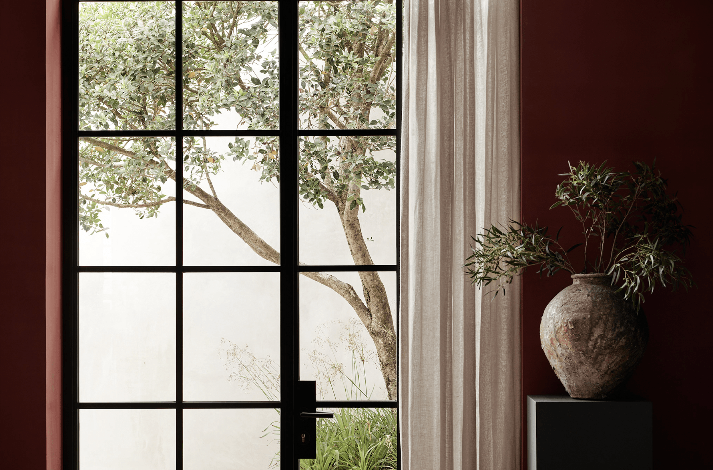 Purs, Europe — Terracotta vessel with dried botanicals beside multi-pane window framing olive tree and minimalist landscape view.