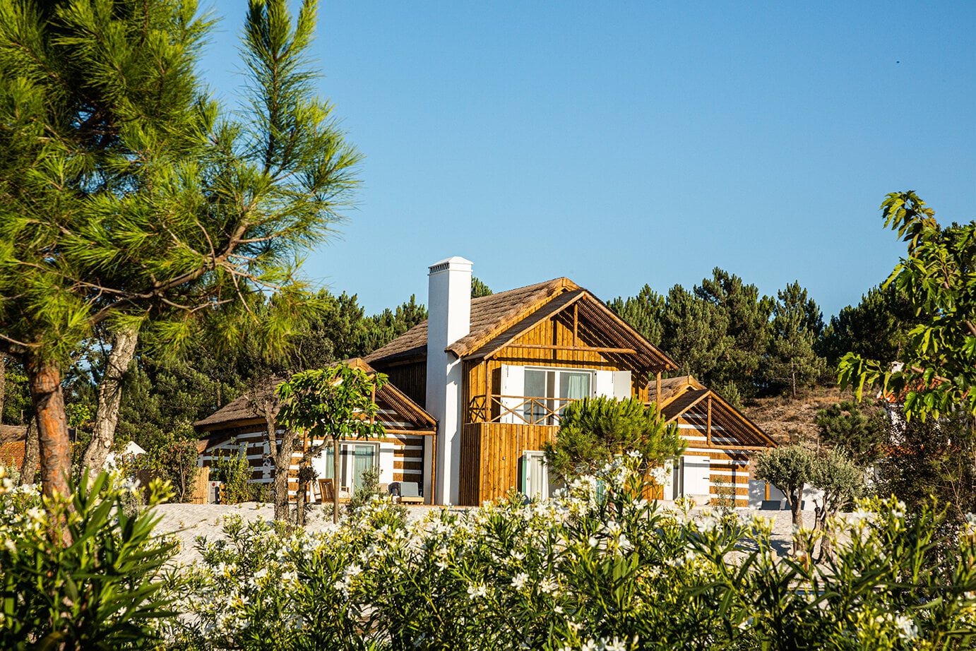 Quinta da Comporta, Portugal — Modern lodge with timber and white cladding, pitched rooflines, chimney, surrounded by pine forest and native plantings under clear sky.