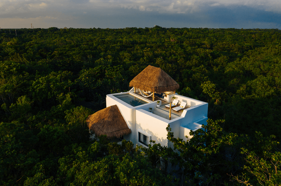 Hotel Esencia, Mexico — Modernist white villa with thatched roof pavilions overlooking dense jungle canopy, infinity pool and loungers at sunset.