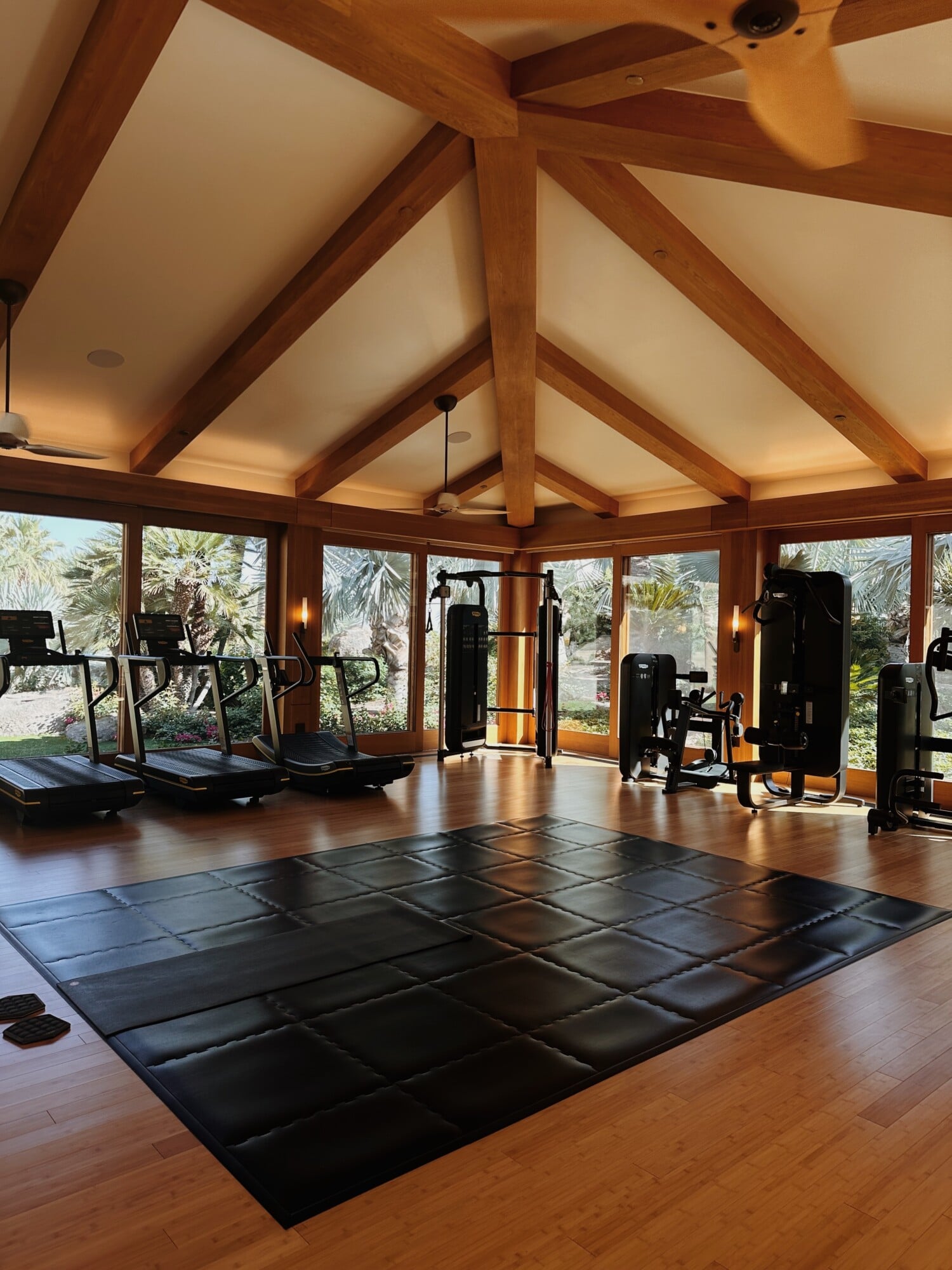 Sensei Porcupine Creek, North America — Vaulted ceiling gym with exposed wood beams, floor-to-ceiling windows overlooking palm trees, black padded flooring, cardio machines and weight equipment.
