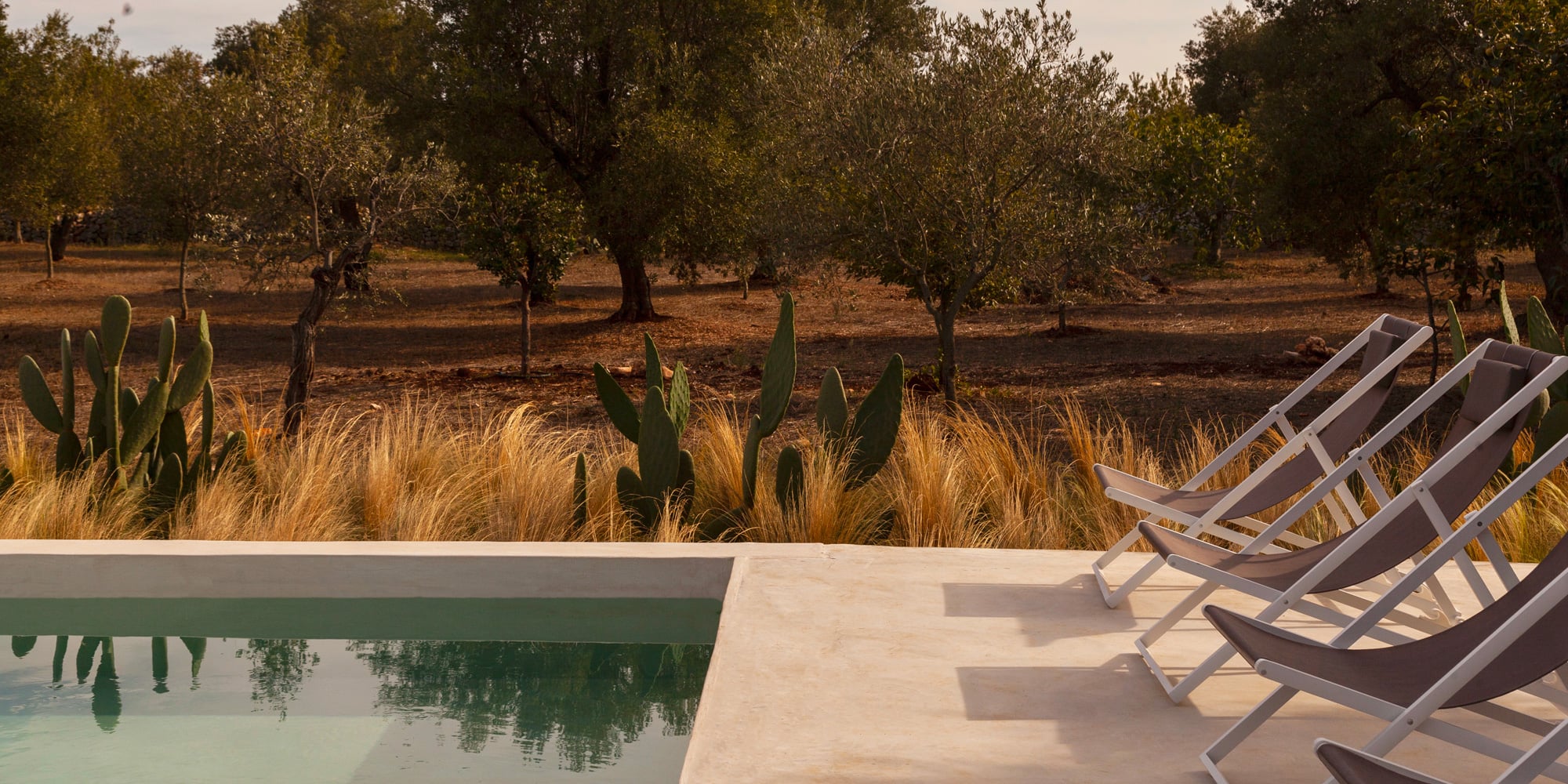 Masseria Moroseta, Europe — Lounge chairs on travertine terrace overlooking olive grove and native desert plantings at golden hour.