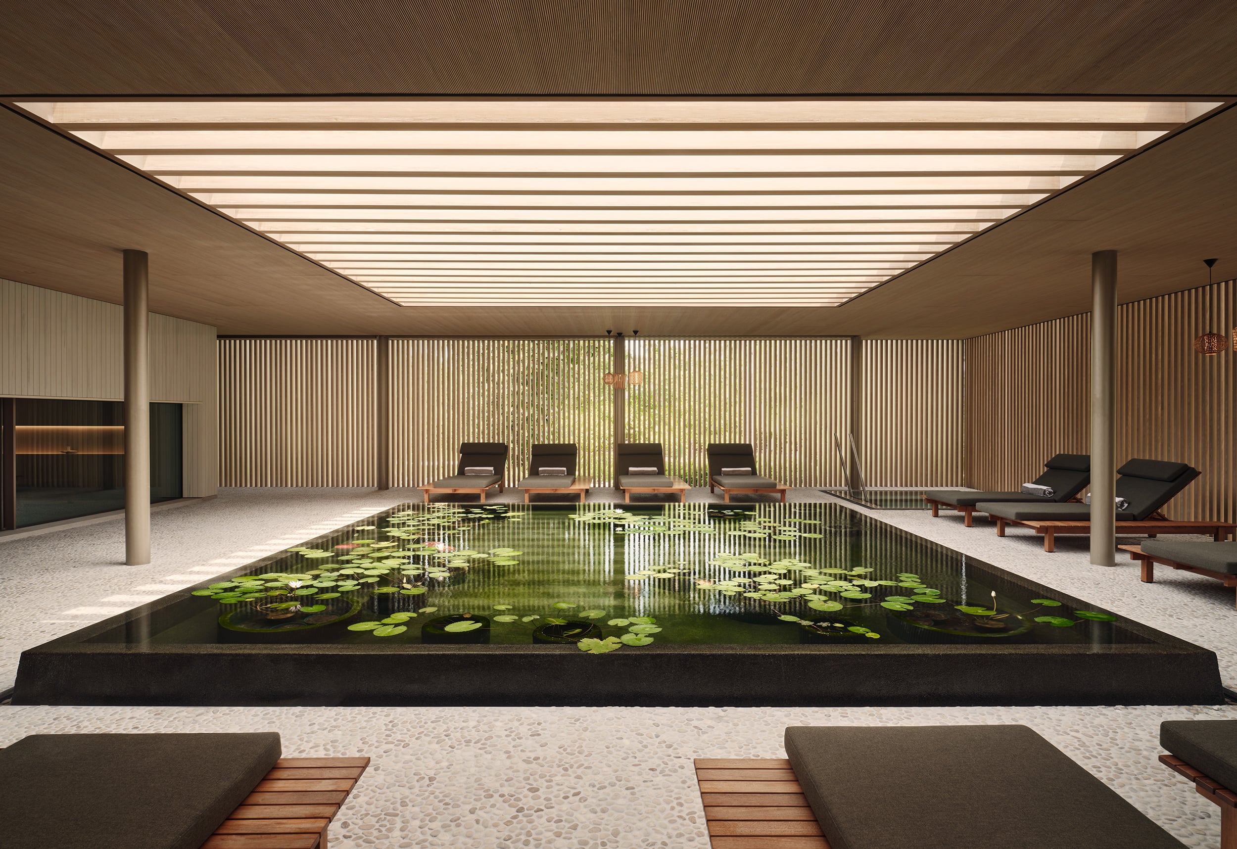 Patina Maldives, Asia — Indoor wellness pool with floating lily pads, linear ceiling skylights, teak loungers, and vertical wood screening in minimalist spa architecture.