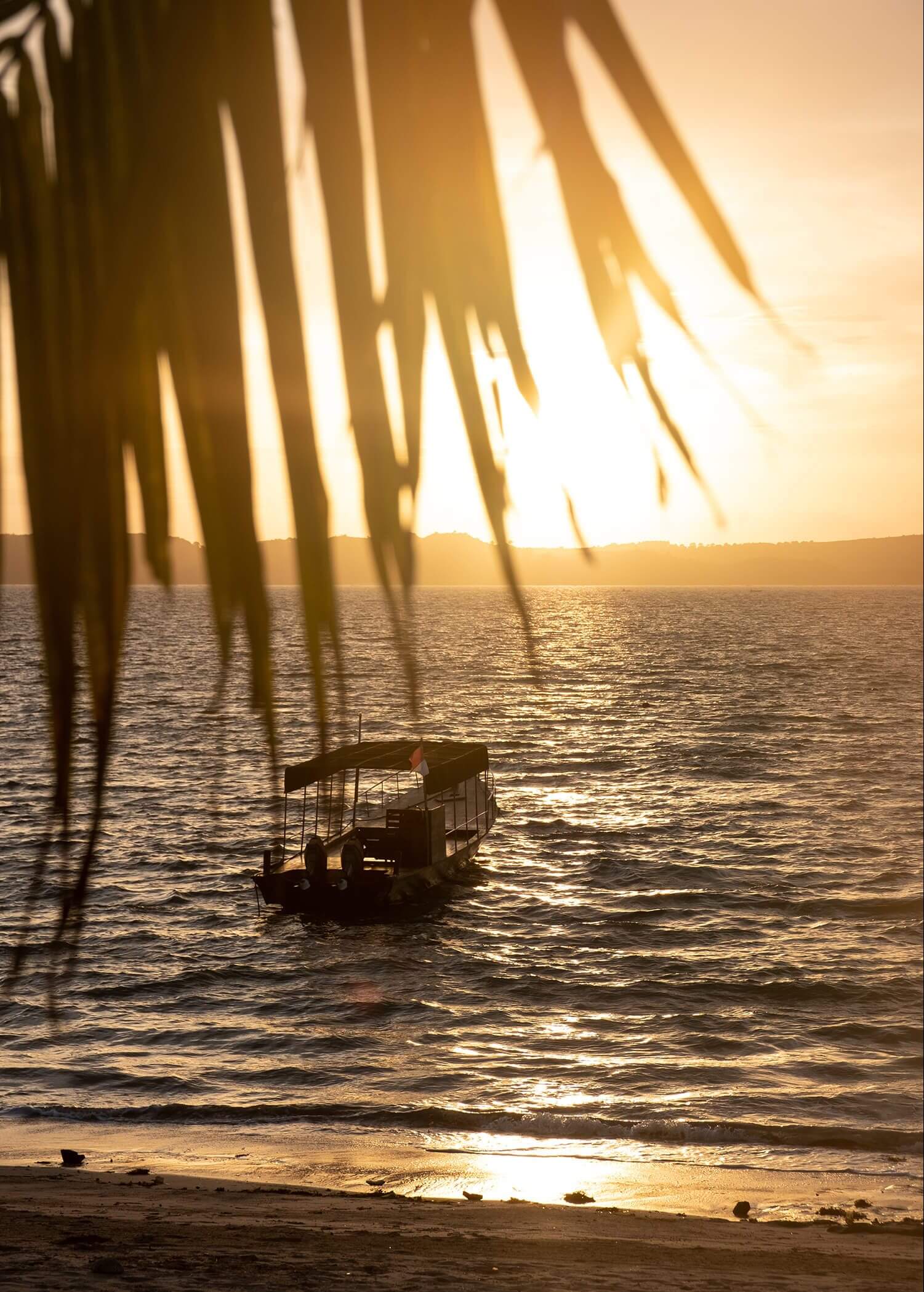 Innit Lombok, Asia — Palm fronds frame golden sunset light over wooden boat in shallow turquoise waters, tropical beach serenity.