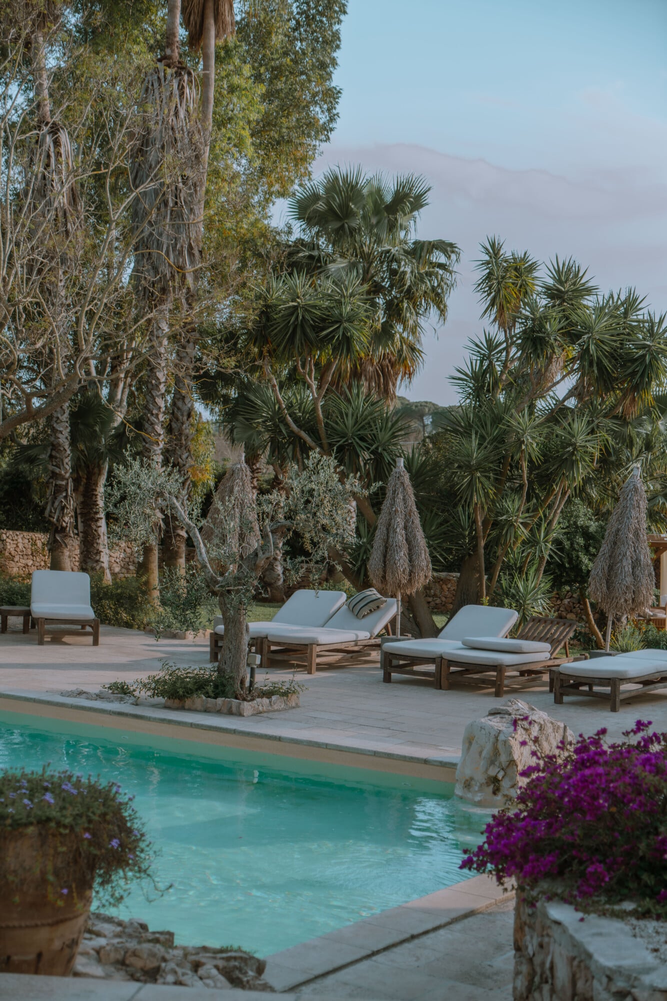 Tenuta Negroamaro, Europe — Poolside lounge area with teak sunbeds, Mediterranean palms, stone terrace, turquoise water, and purple bougainvillea under clear sky.
