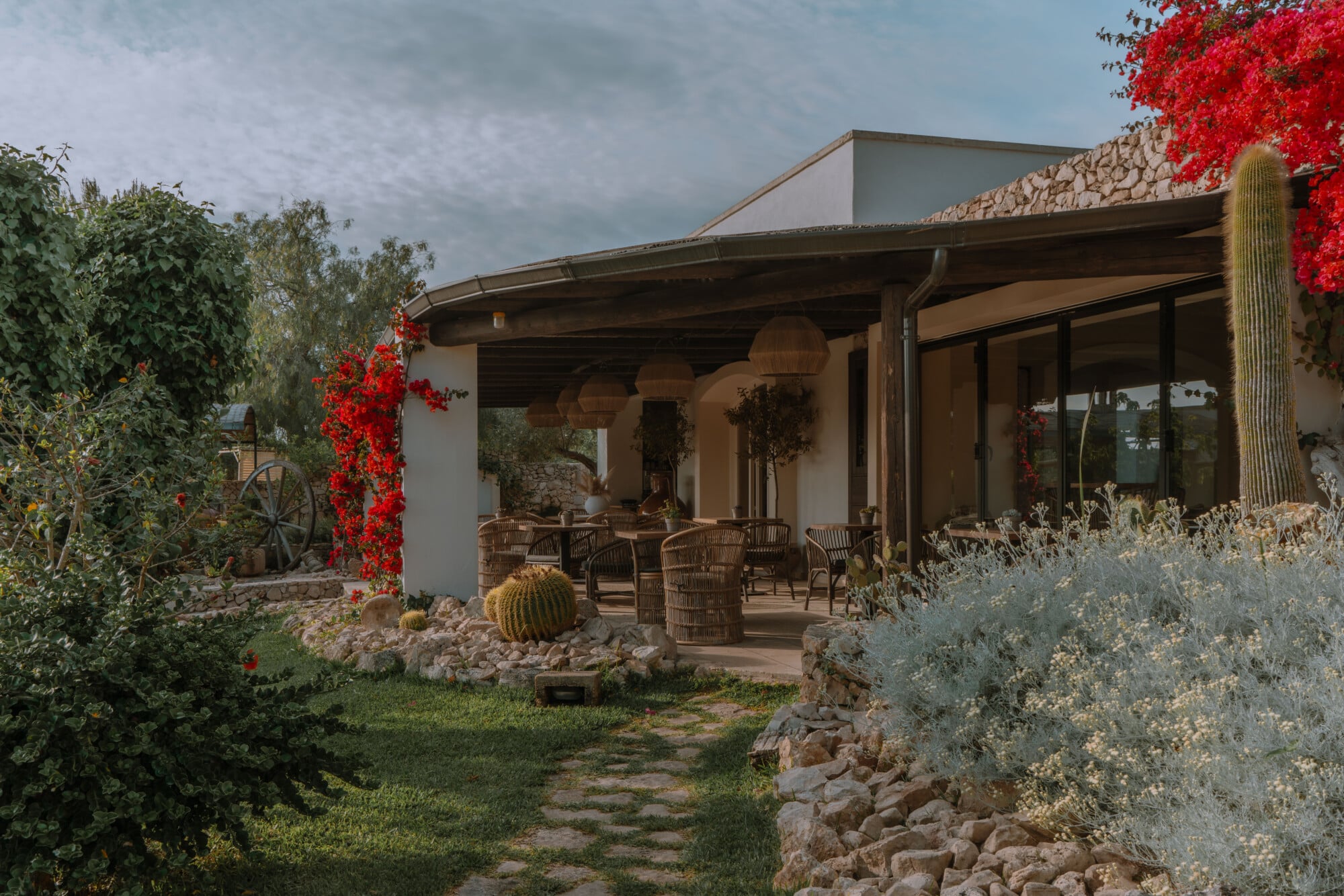 Tenuta Negroamaro, Europe — Modern Mediterranean villa with stone patio, woven seating, climbing red ivy, desert plants, and open-air covered terrace overlooking countryside.