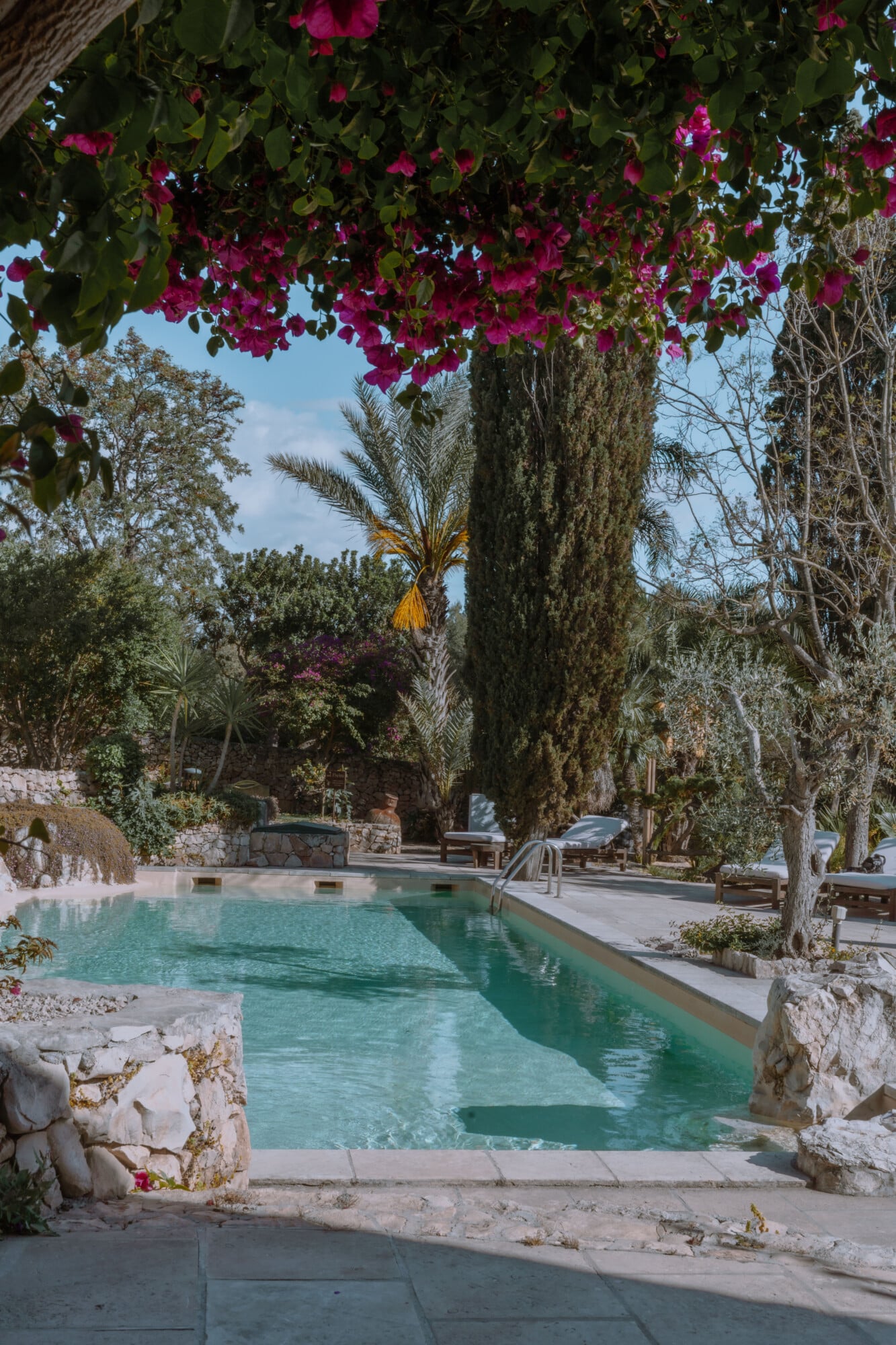 Tenuta Negroamaro, Europe — Limestone pool with turquoise water beneath magenta bougainvillea canopy and tall cypress trees, loungers visible on deck.